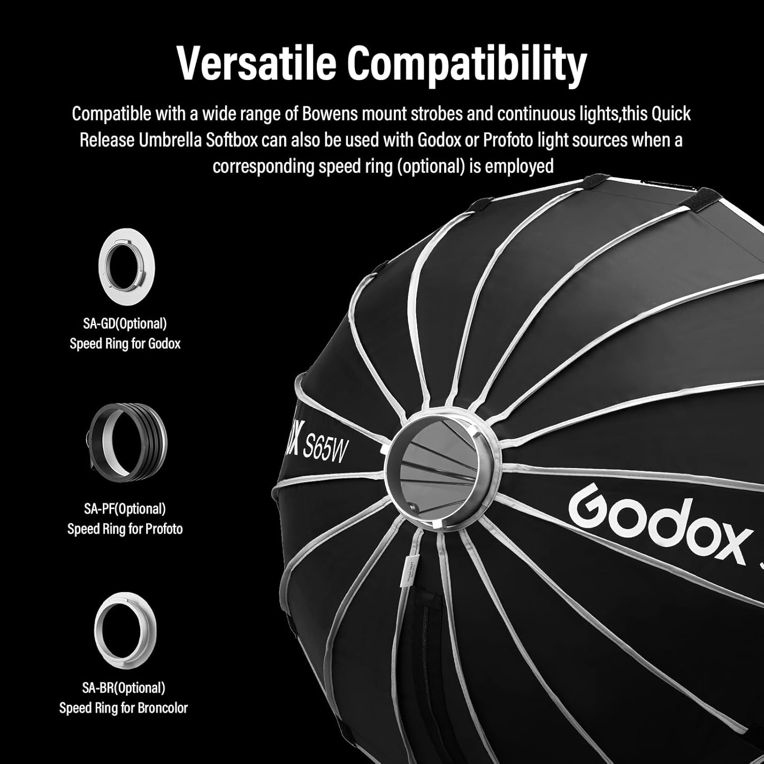 Godox Softbox White Inner 65cm/25.6" Godox S65W Bowens Mount Softbox with Diffuser & Carry Case Quick-Setup Durable Softbox, Compact for Photography Shooting/Continous Light/Strobe Flash/Portrait