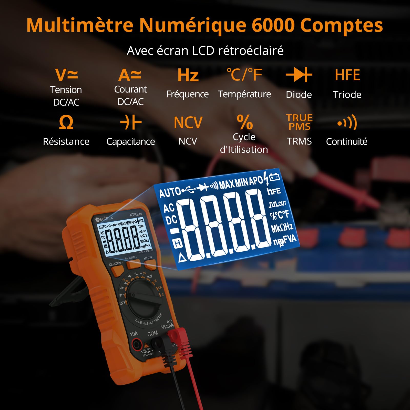 Neoteck Multimètre Numérique 6000 Comptes Testeur Électrique 600V 10A AC DC Courant Tension Résistance Capacité NCV Fréquence Température avec Pince Crocodile