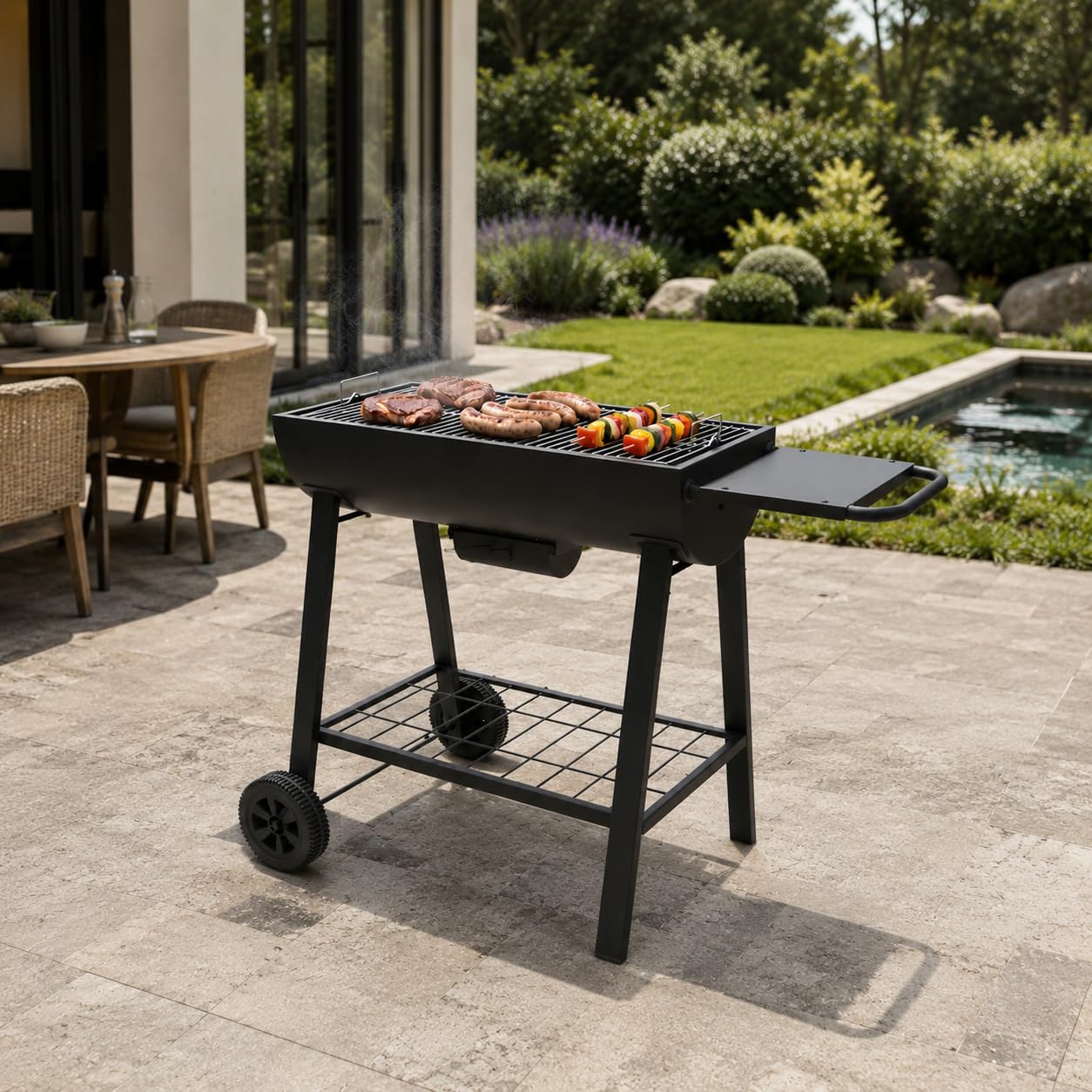 Barbacoa de Carbón con Ruedas y Bandeja Recogecenizas – Parrilla de Acero con Recubrimiento Resistente, Superficie Amplia, Estante Inferior, Mesa Lateral y Patas Antideslizantes para Jardín y Terraza