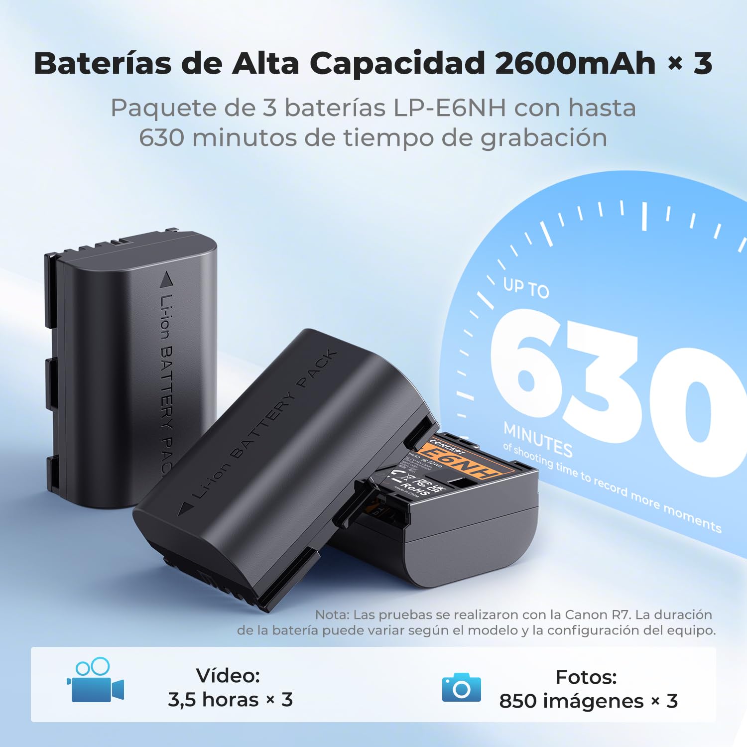K&F CONCEPT LP-E6NH 3 Pack 2600mAh Batería y Cargador de 3 Ranuras Compatible con Canon EOS R7, R6, R5, 5D Mark II/III/IV, 6D, 6D Mark II, 7D II, 90D, 80D y 70D
