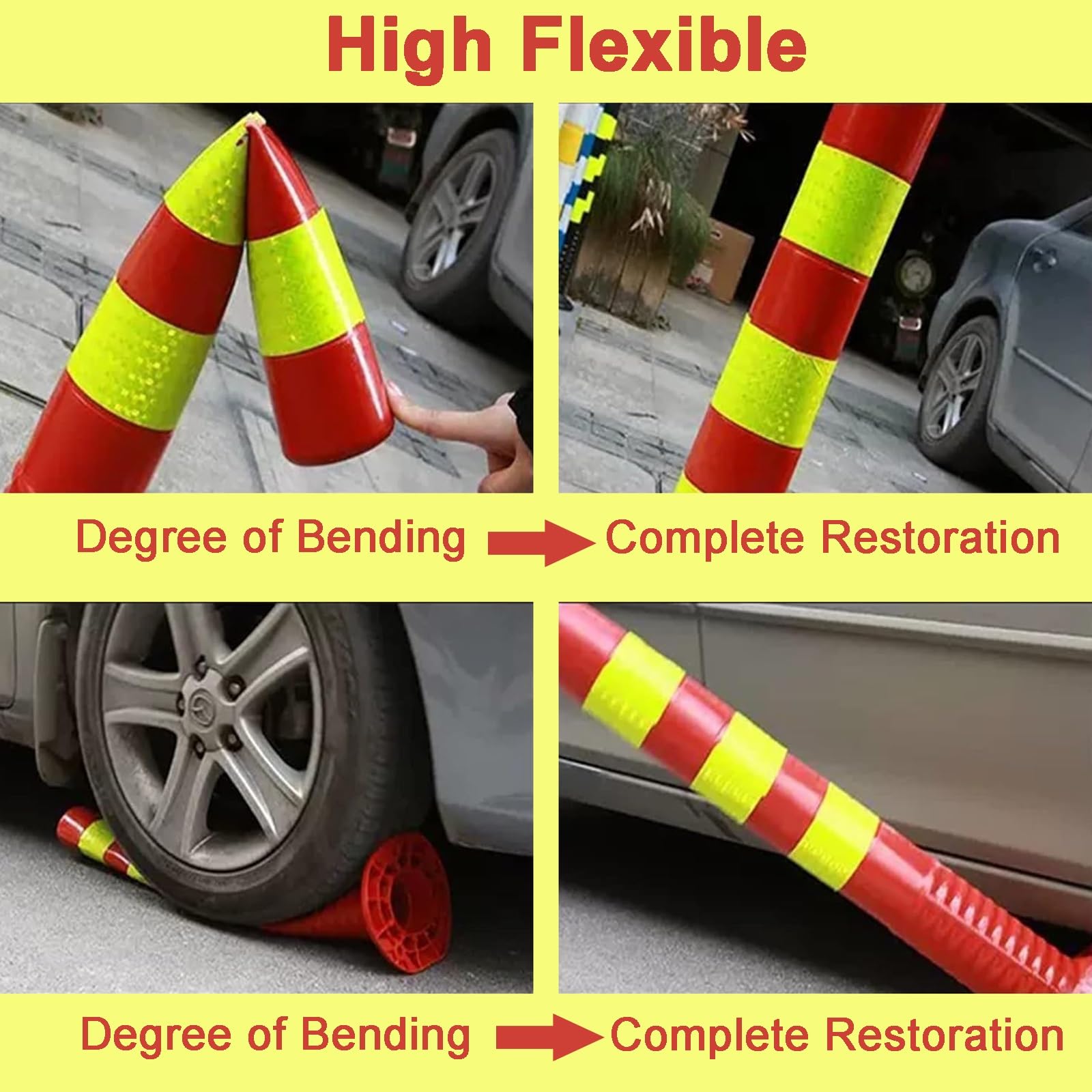 Barriera di Sicurezza， Coni di Sicurezza in plastica PU Flessibile da 29,5", Colonna Avvertimento Riflettente for parcheggio con Kit Viti, Confezione 4(Yellow)