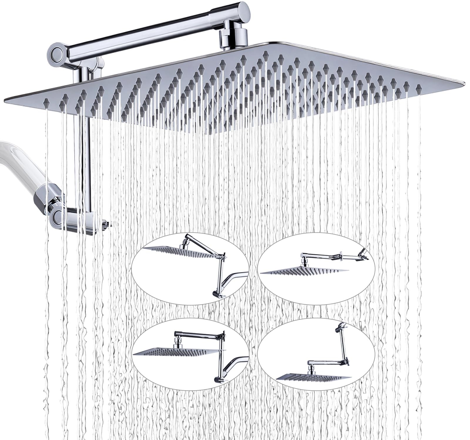 G-Promise Alcachofa de ducha de lluvia de metal de 12 pulgadas con brazo de extensión ajustable de 15 pulgadas, cabezal de ducha de lluvia de alta presión, aspecto moderno de lujo, cuadrado, cascada