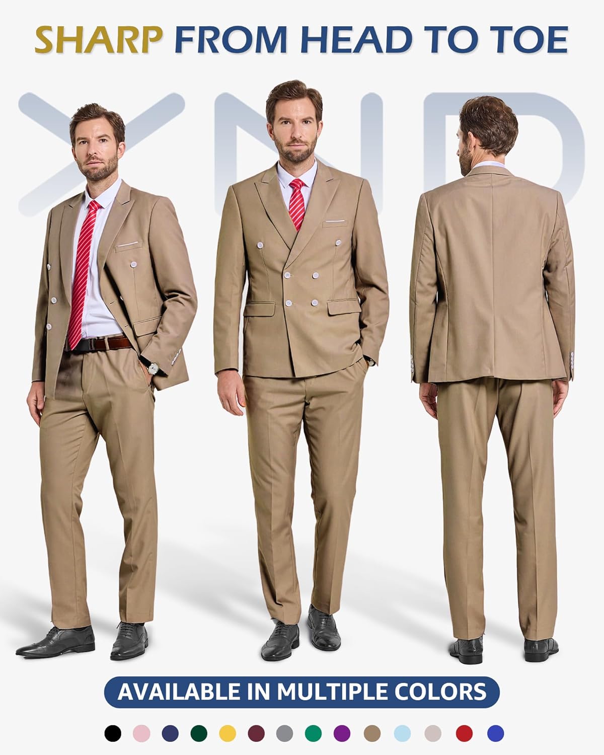 YND Men's 2 Piece Suit, Double Breasted Slim Fit Jacket Pants Set and Tie, Party Prom Dinner Wedding Blazer Tuxedo & Trousers - Image 2