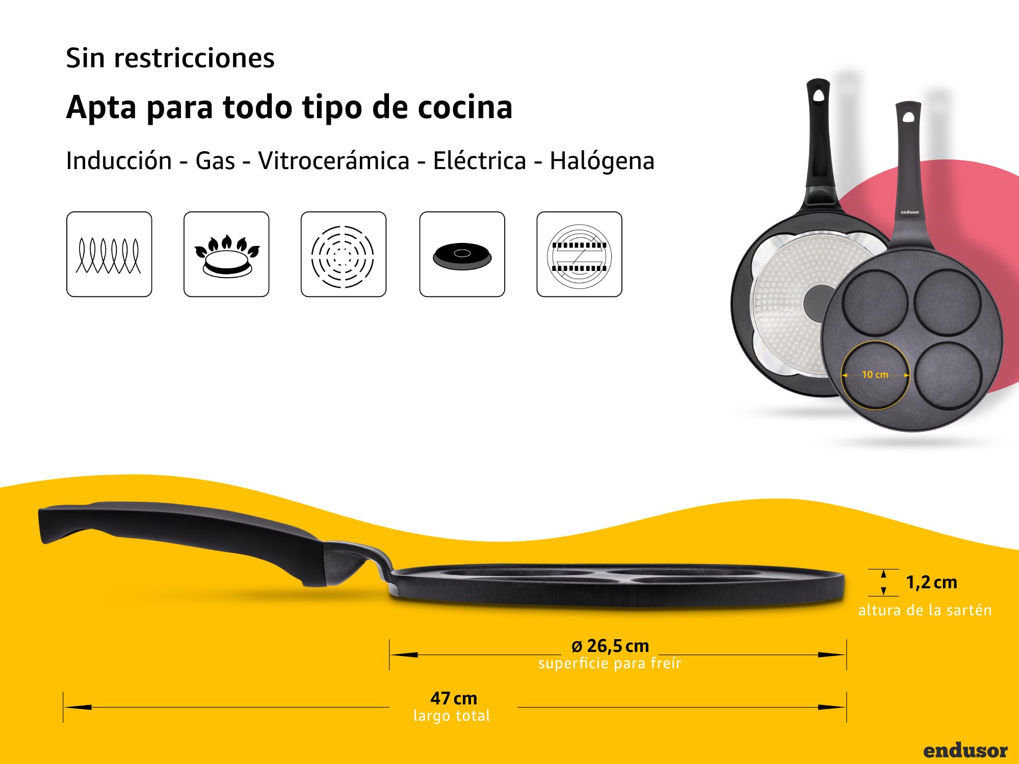 endusor sartén tortitas y pancakes | Sarten de 26cm de diametro con 4 hoyos y protección antiadherente | Todo Tipo de Cocinas e Inducción | Sartén divida para huevos fritos panqueques trotillas