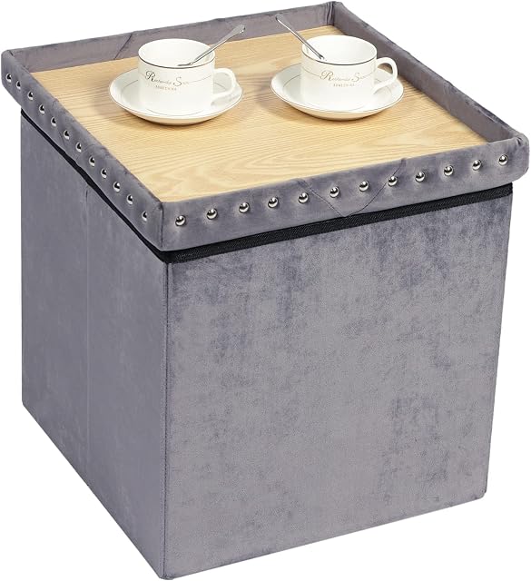 Bonlife Grey Foldable Velvet Ottoman Storage Box,Cube Storage Boxes with Lids,Folding Coffee Table with Seat,Footstool for Living Room,40x40x40cm