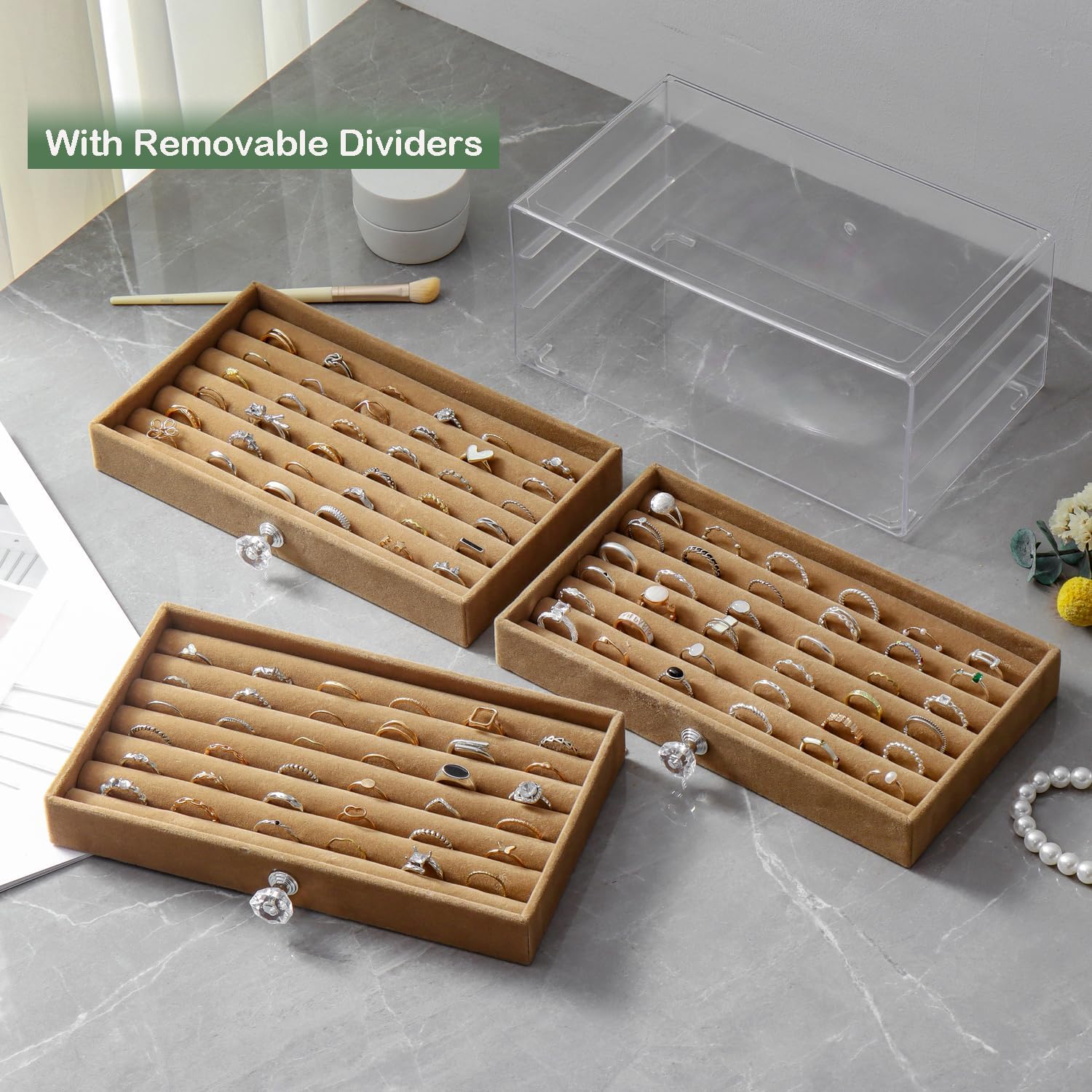 Ring Organizer Storage Box with 3 Drawers, Clear Acrylic, 3-Layer Velvet Jewelry Display Case for Women (Brown)