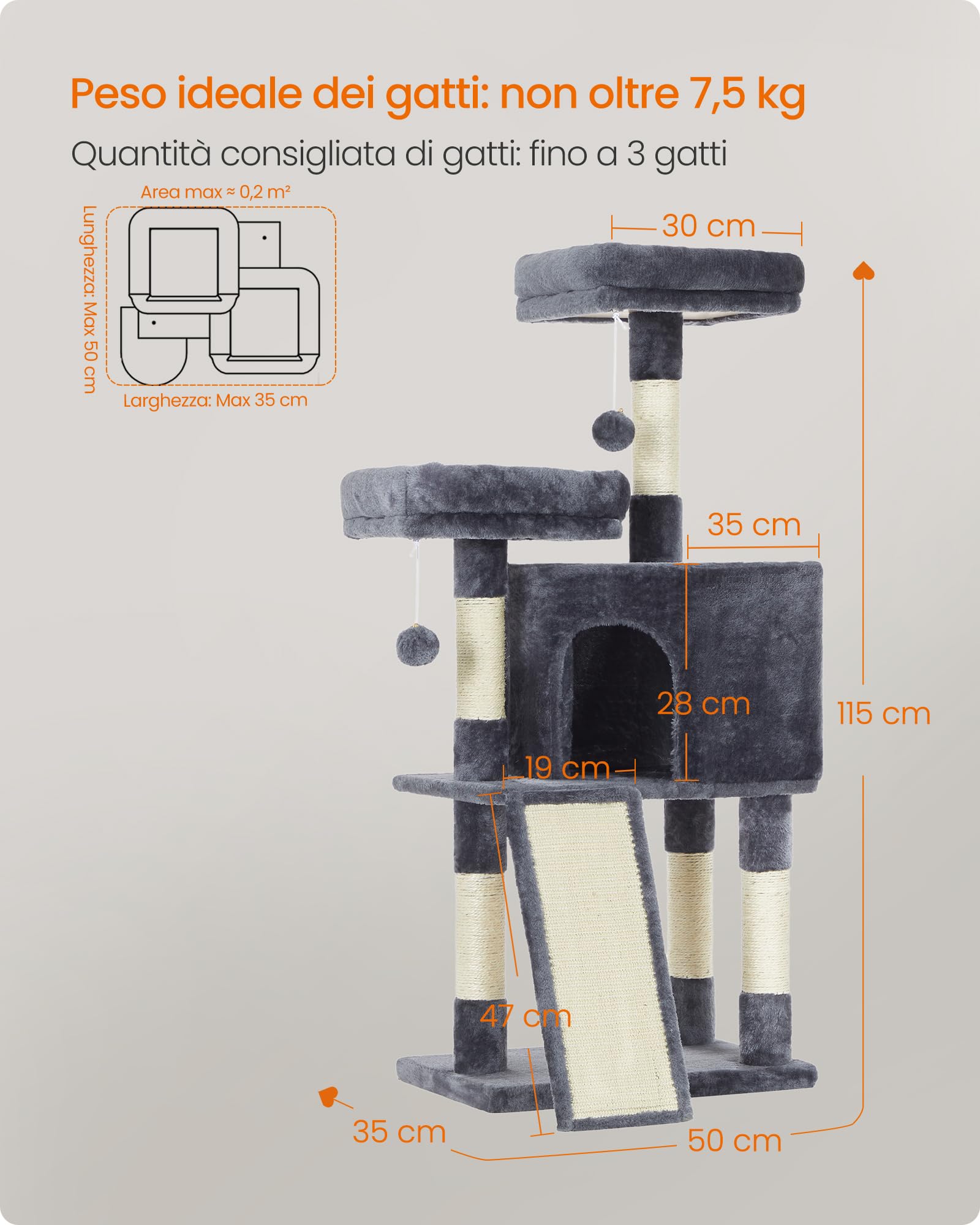 Feandrea Albero per Gatti, Casetta da 115cm, Tiragraffi, Grigio Antracite PCT141G01V1