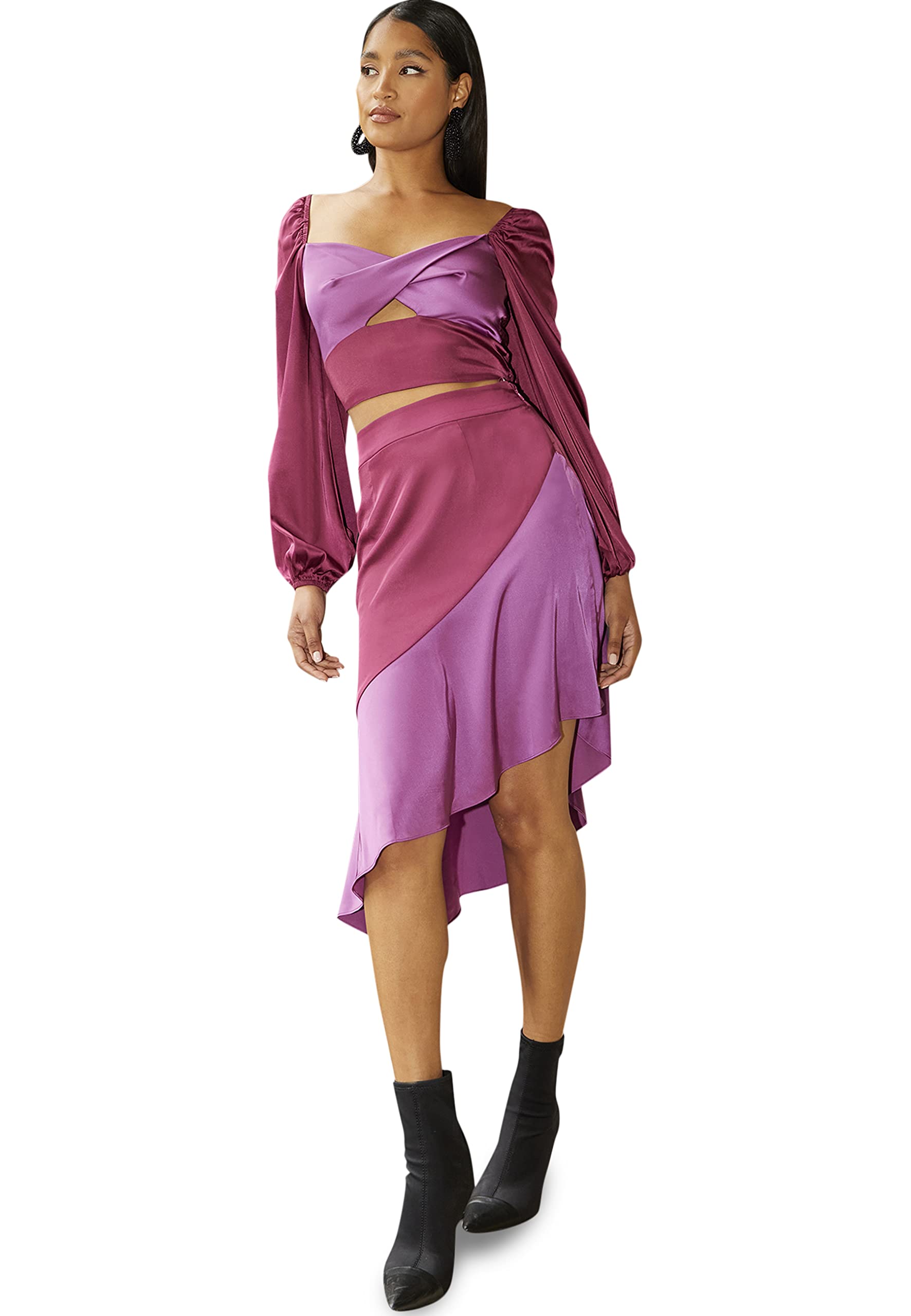 Chi London Womens Asymmetric Satin in Purple Skirt, Purple, 14 UK