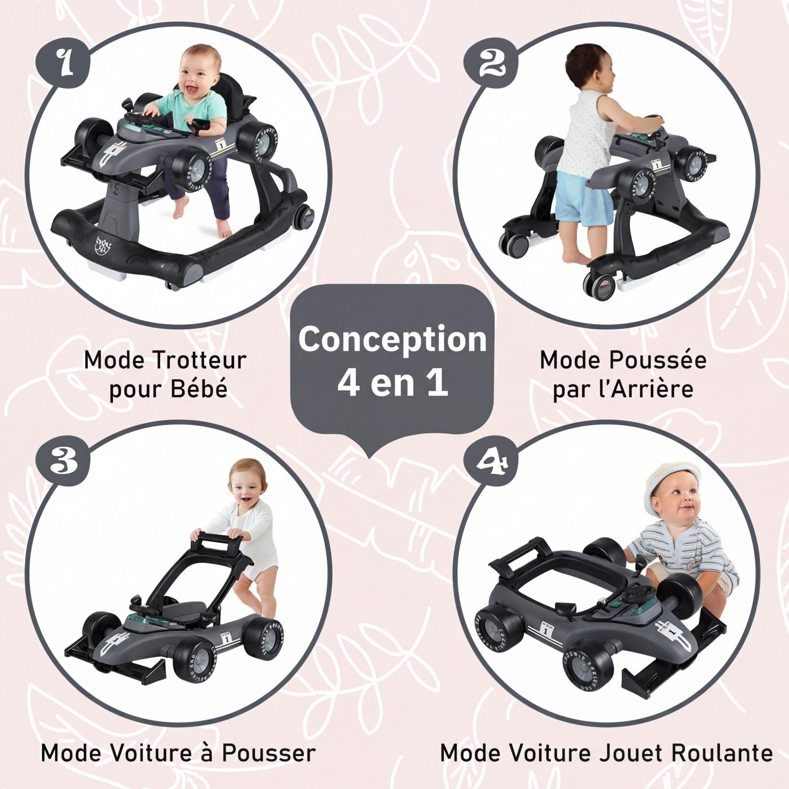COSTWAY Trotteur Bébé Garçon Pliable 4 en 1 avec 3 Hauteur Réglable, Trotteur Marche Bébé Garçon Évolutif avec Musique & Lumière, Roues Silencieuses, 5 Patins Antidérapants (Gris Foncé)