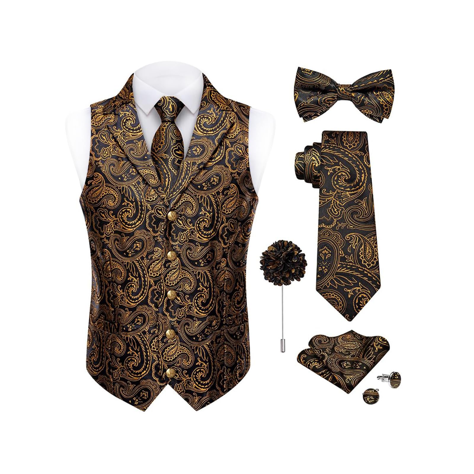 dibangu Silk Paisley Vest for Men Wedding Waistcoat and Necktie Bowtie Lapel Pin Set 7PCS Dress Vests for Suit or Tuxedo-picture-10