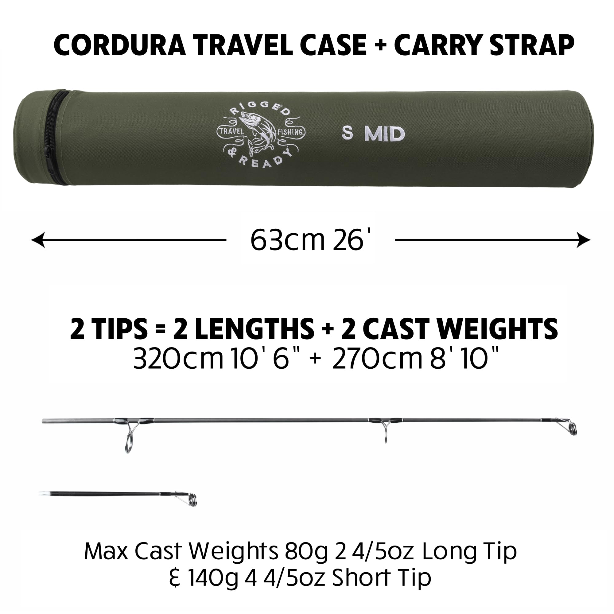 Rigged and Ready S Series Travel Fishing Rods. 2 Powerful Big Fish Predator-Carp-Surf Rods + 1 Combo + 2 Tips/cast Weights + Case. Travelling Angling in Fresh and Saltwater Fist to 15kg (33lb)