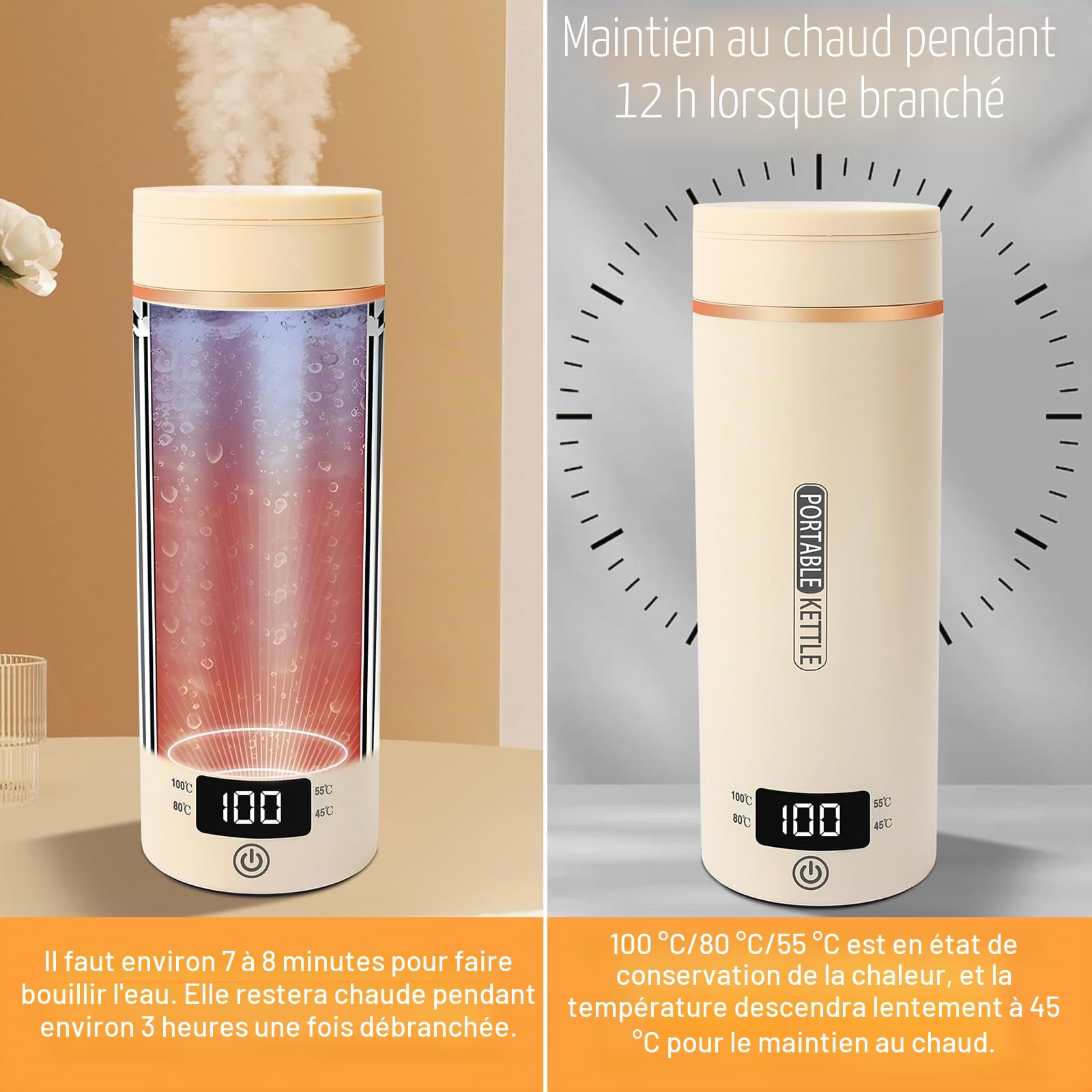 Petite bouilloire électrique de voyage, 500 ml/300 W, mini tasse à eau en acier inoxydable 316, chauffage automatiquement arrêté, avec couvercle réversible pour thé, café, lait de bébé (beige)