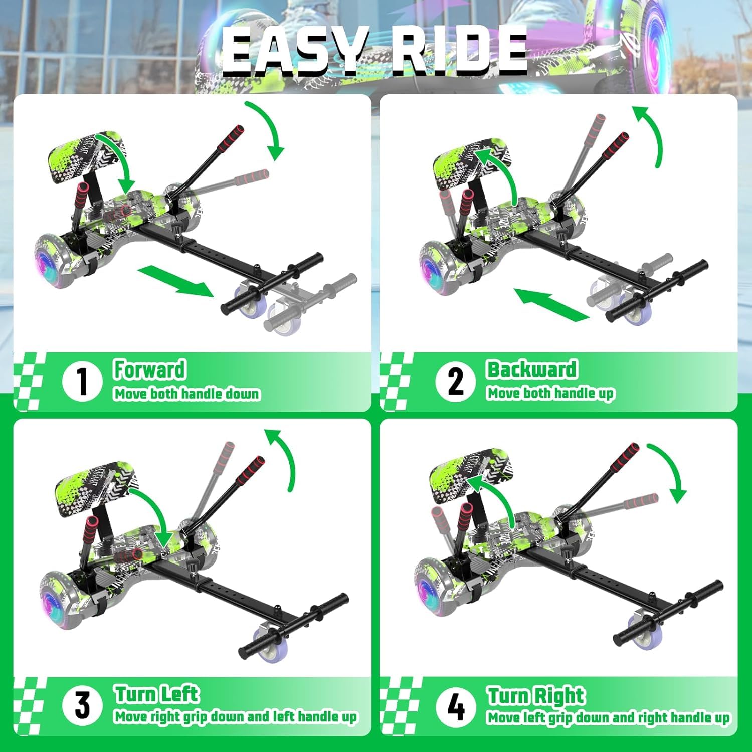 SISIGAD Hoverboard avec fixation de siège – Kit de conversion Go Kart – Roues de 16,5 cm – Hover Board pour enfants avec haut-parleurs Bluetooth – Scooter électrique auto-équilibré pour filles et