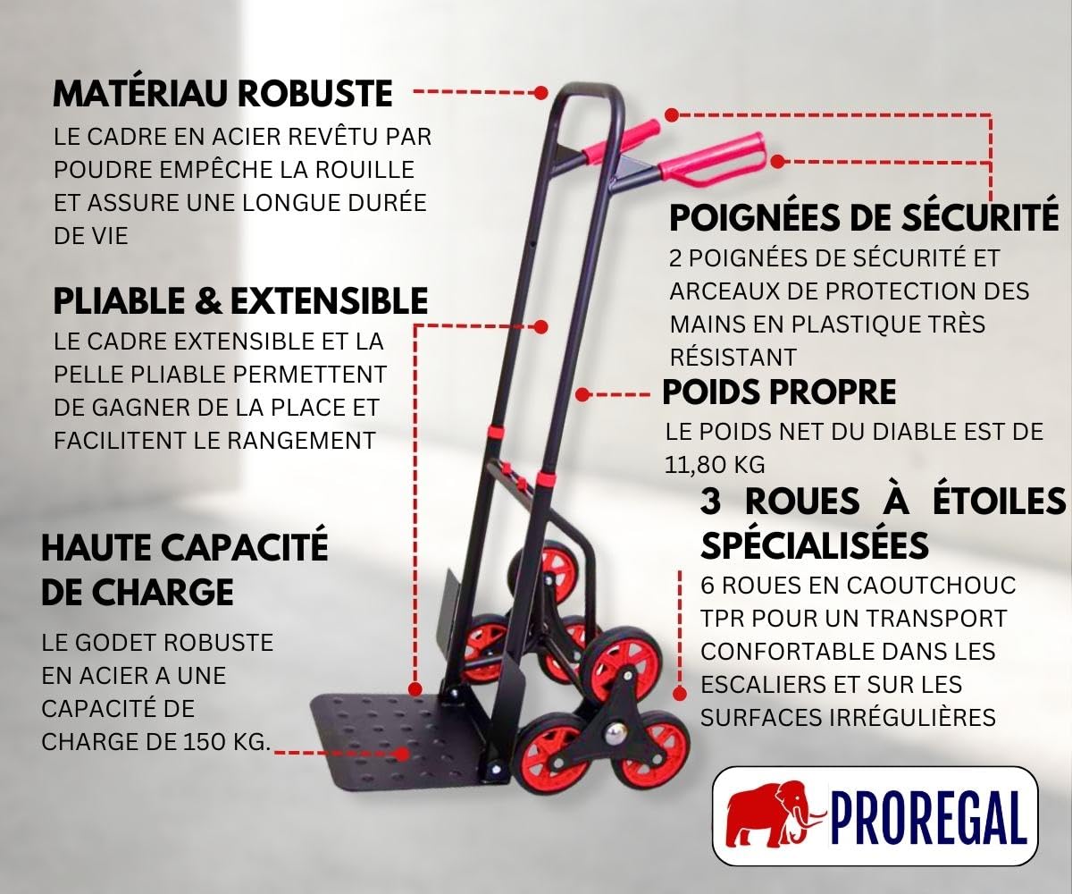 PROREGAL Diable Pro pour escaliers Taurus | HxLxP 110x45x61 cm | Capacité de Charge 150kg | Acier| TPR- Roues Caoutchouc| Rouge-Noir