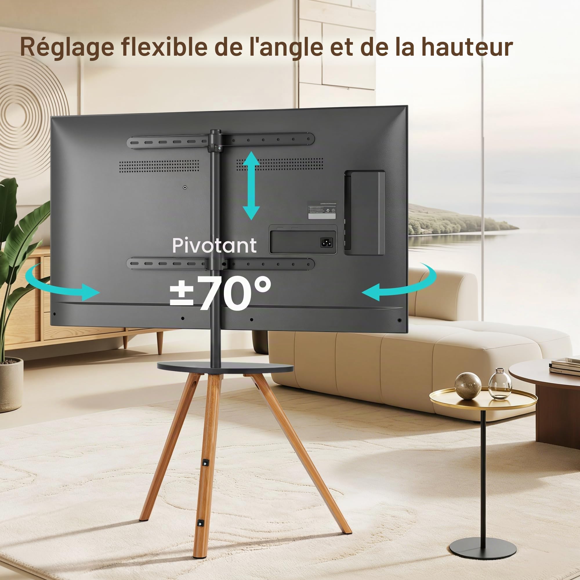PEGZONE Support TV sur Pied pour Écrans 45 à 65 Pouces, 40 kg | Trépied TV en Bois avec Tablette, Hauteur Réglable, Pivotant, VESA Max 600 × 400 mm, pour la Maison