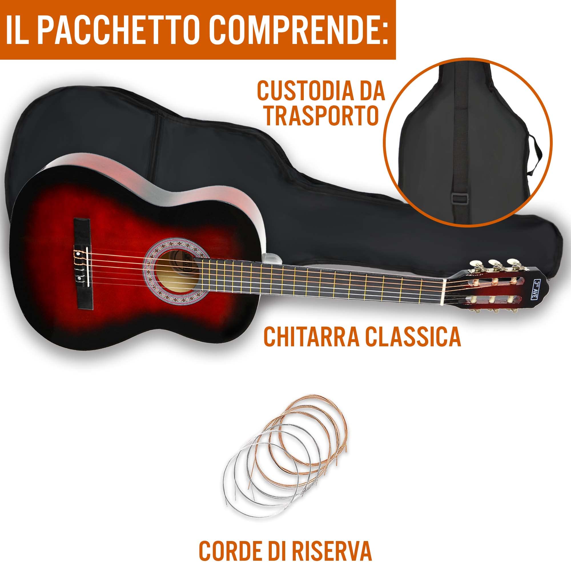 Pacchetto Per Principianti Con Corde In Nylon Spagnole Per Chitarra Classica Da 3/4 Per Bambini - Rosso