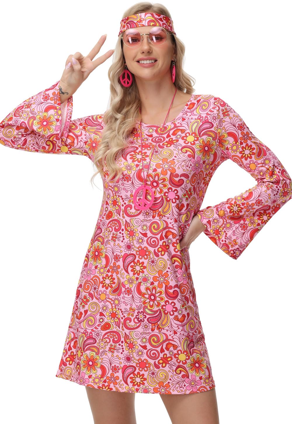 ELFIN Women's 60s 70s Hippie Costume Set, Disco Outfit with Glasses, Headband, Necklace, Earrings, Carnival Theme Party Halloween - Image 2