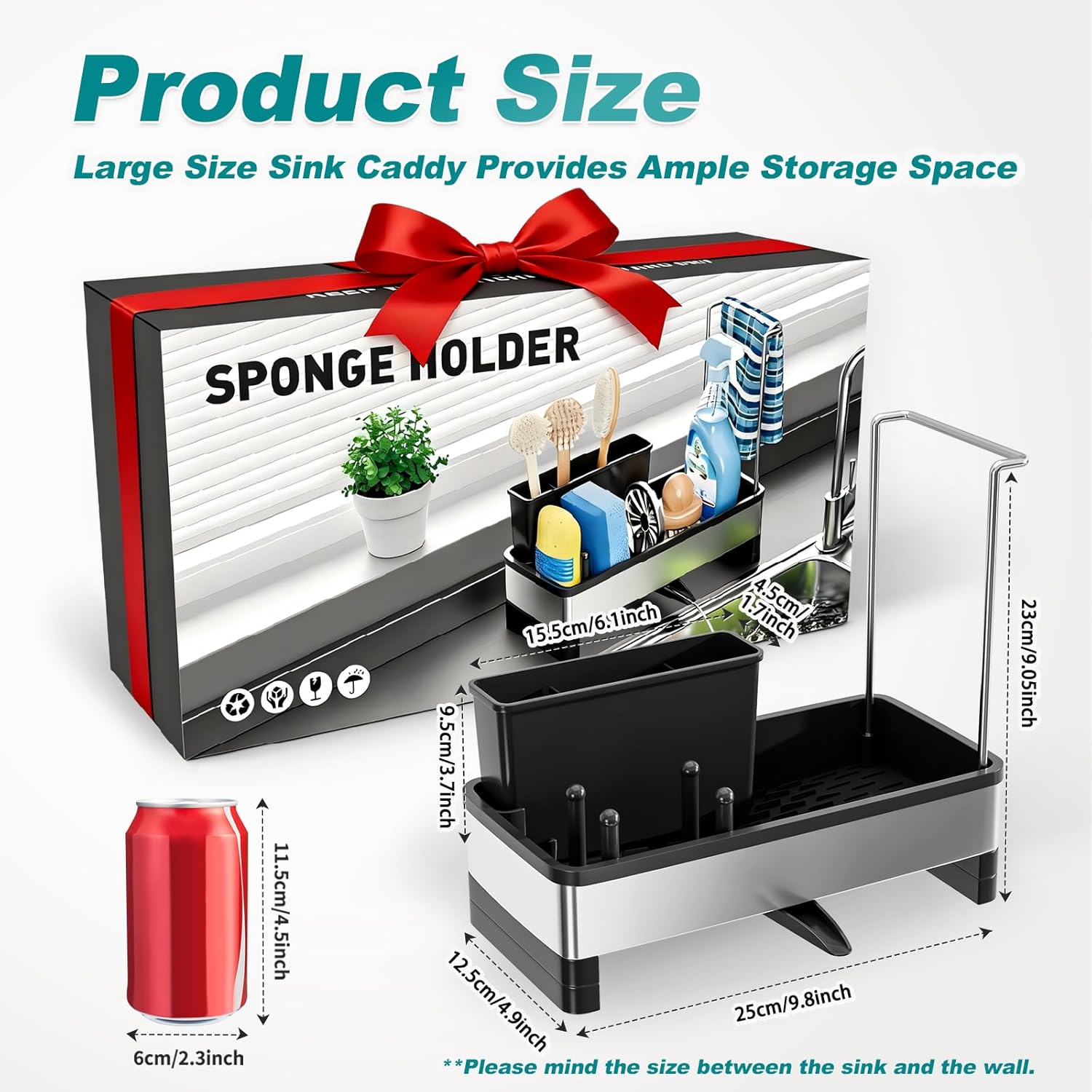 Ewaiira Stainless Steel Sink Caddy, Sponge Holder for Kitchen Sink with Brush Holder Dishcloth Rack, Rustproof sink Organizer Countertop, Soap Dispenser Kitchen Organizers Storage Essentials,9.8?Black A-black