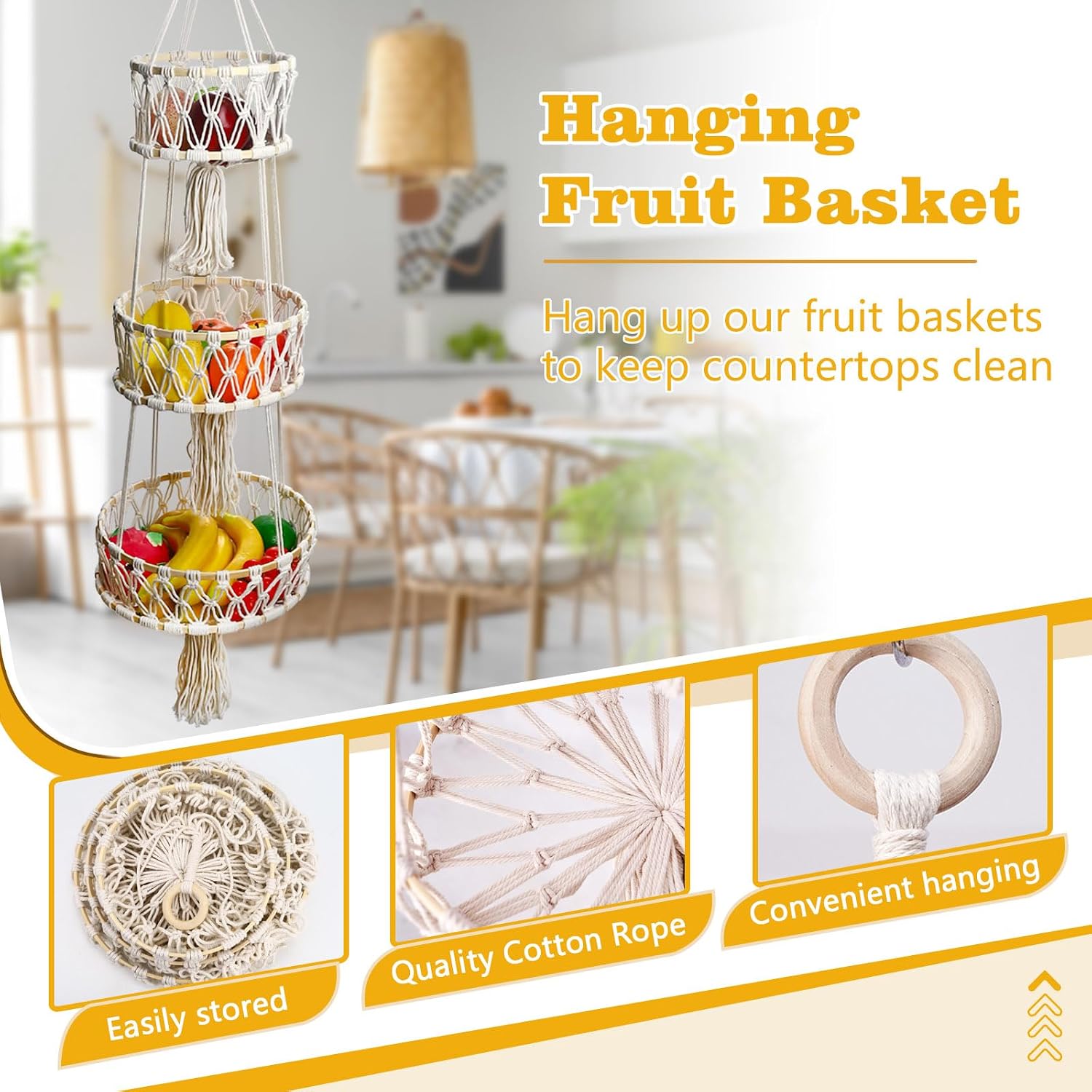 Hanging Fruit Basket, 3 Tier Hanging Fruit Baskets for Kitchen, Wall Hanging Fruit Baskets for Fruits Vegetable Flower Basket