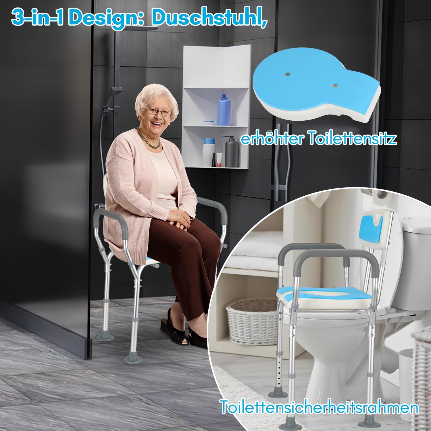 Duschhocker für senioren, Duschstuhl mit Rückenlehne und Armlehne, abnehmbarem Kissen, Höhenverstellbar Badhockerund 39-52 cm, Badhocker mit Anti-Rutsch-Füße Duschsitz Duschhilfe Badsitz