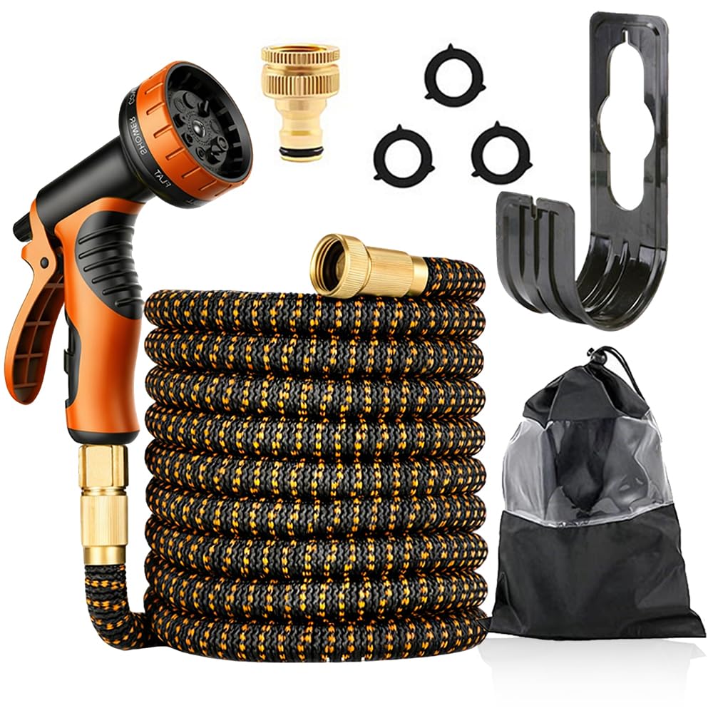 CLIUNT 50FT/15M Expandable Garden Hose Pipe, Flexible Expanding Magic Hose, Expanding Leakproof Hose with 10 Functions Spray Nozzle and 3/4", 1/2" Metal Fittings, for Garden, Pet, Car Washing