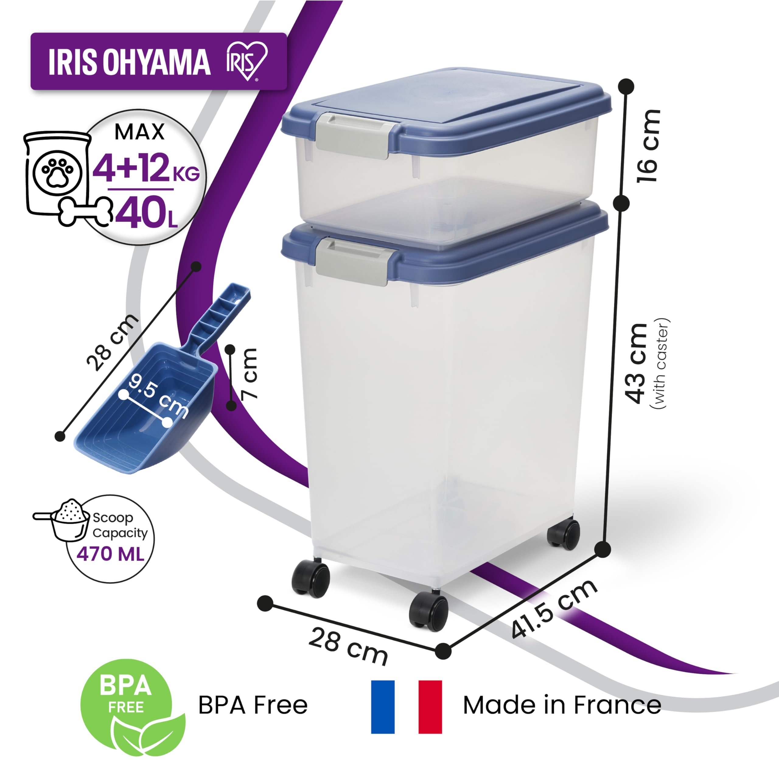 Iris Ohyama Katzenfutter Aufbewahrung mit Rollen, 30L+10L, Blau, Luftdichte Futterbox, Trockenfutter, Futterbehälter, Für Hunde, Katzen, Tierfutterbehälter, Schaufel, BPA-frei, Futtertonne, MP-8&MP-1