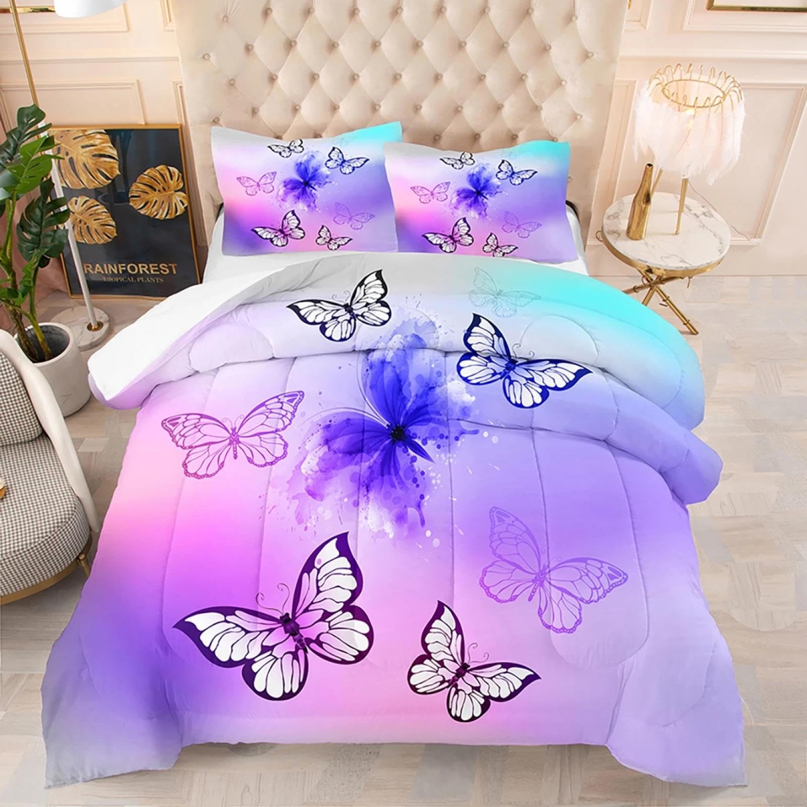 Housse de couette papillon rose et violette 160x200 cm avec sa taie d'oreiller pastel