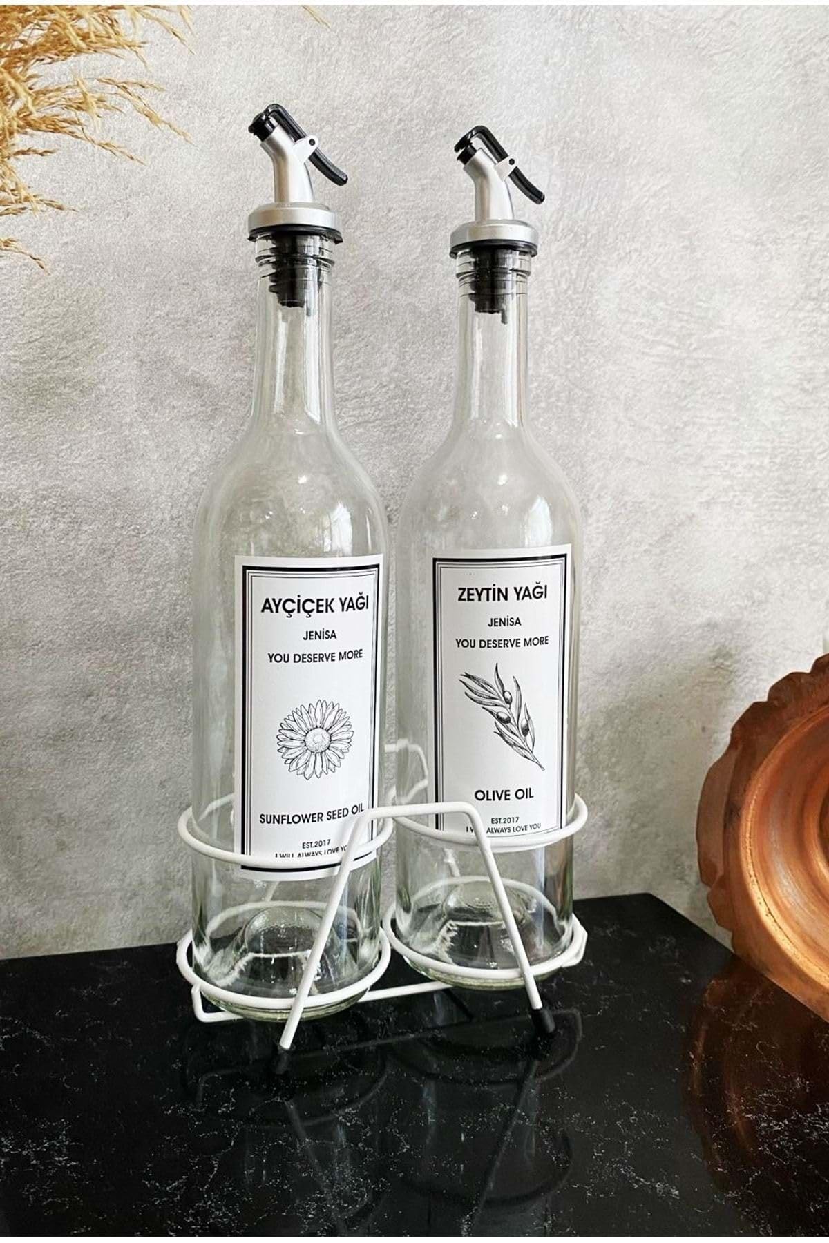 Jenisa Beyaz Standlı Akıtıcılı Şeffaf 750 Ml Beyaz Etiketli Yağlık Yağdanlık