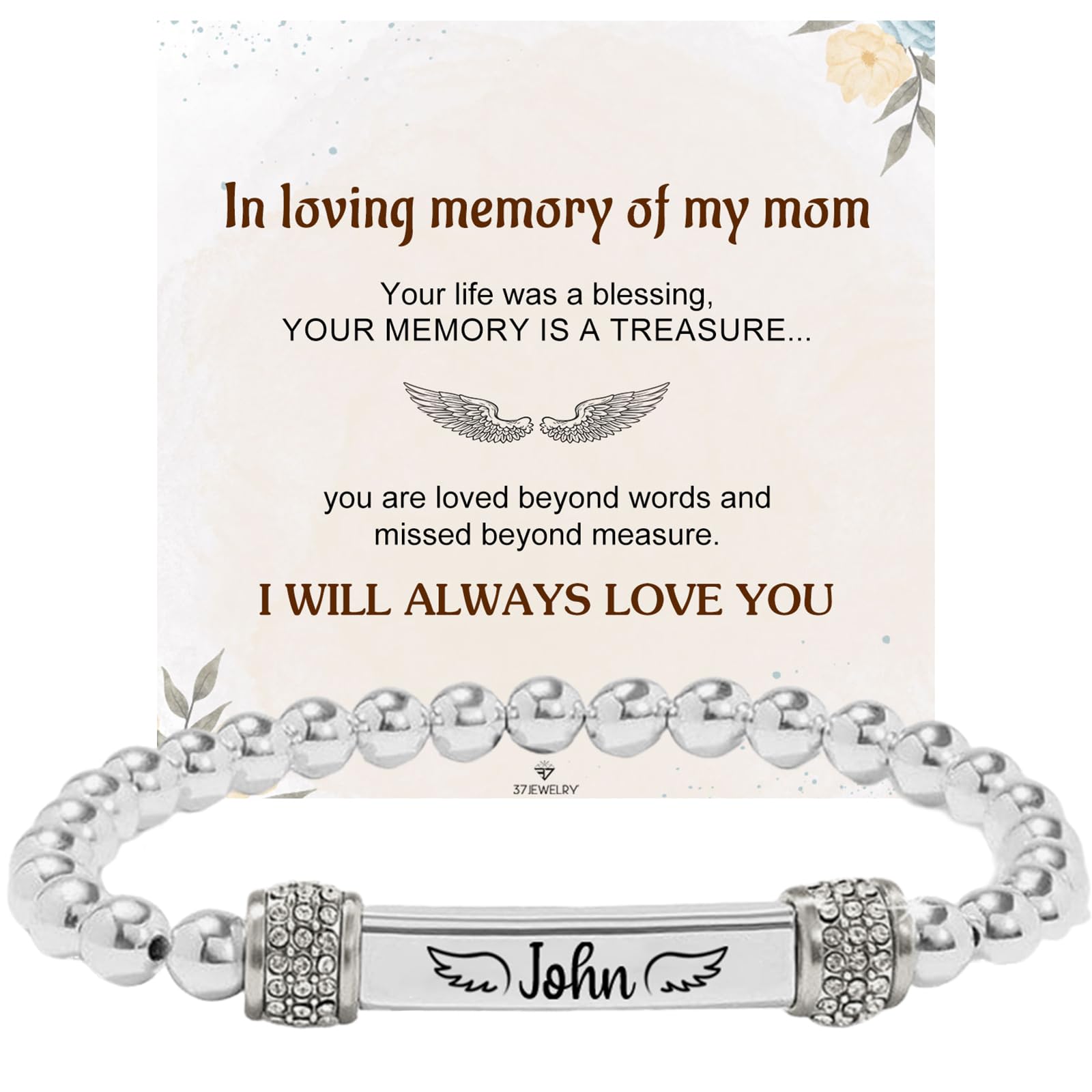 37JEWELRY Angel Memorial Bracelet for Women In Memory of Loved Ones Silver Stainless Steel Custom Name Angel Bead Bracelet