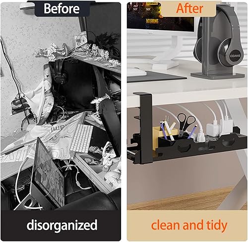Miniatura 8 de BYMECOST Bandeja de gestión de cables doble sin taladrar debajo del escritorio, extensible de acero resistente para debajo del escritorio, bandeja