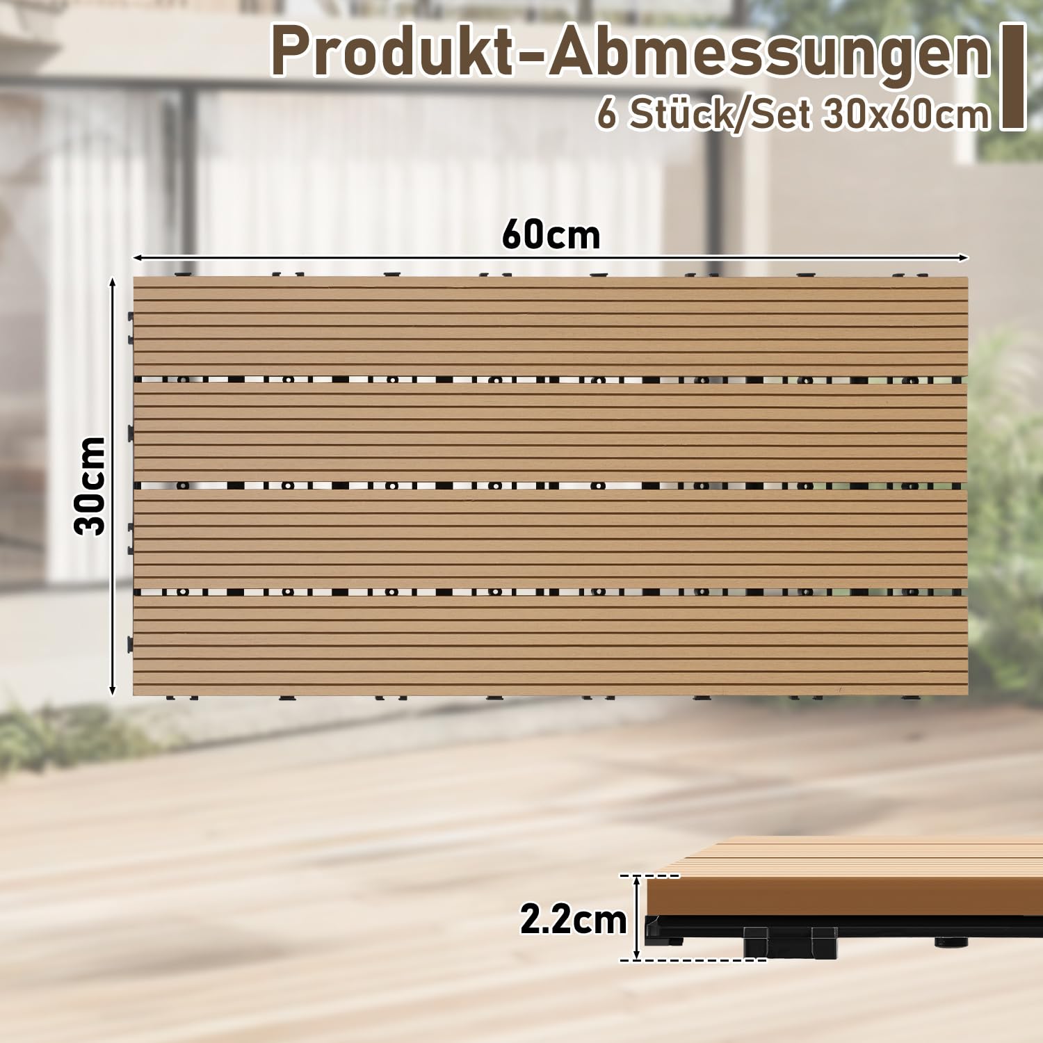 Dalles WPC, 30x60cm Dalles de terrasse clipsables, dalles de balcon en aspect bois, plaques résistantes aux intempéries avec fonction de drainage, pour terrasse, balcon, jardin, en teck (12