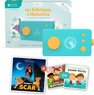 Lunii Pack Ma Fabrique à Histoires Spécial Disney, boîte à histoires + livre audio Défi Vilain Échappe à Scar + 1 livre audio au choix, 3-8 ans