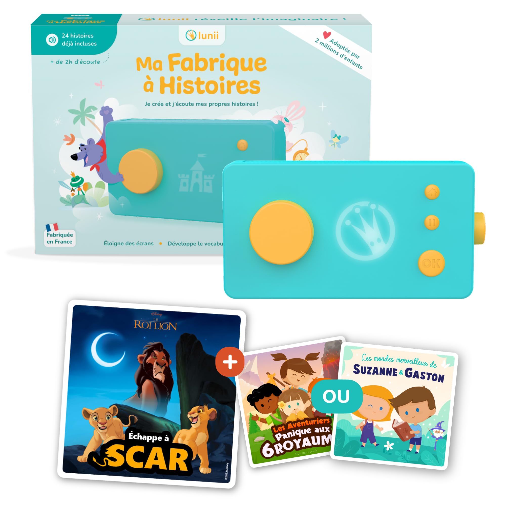 Lunii - Specjalny pakiet Disney My Fabrique Stories: Pudełko z opowiadaniami + audiobook Wyzwanie Brzydkie Ucieczka z Blizny + 1 audiobook do wyboru - Interaktywny gawędziarz dla dzieci 3-8 lat