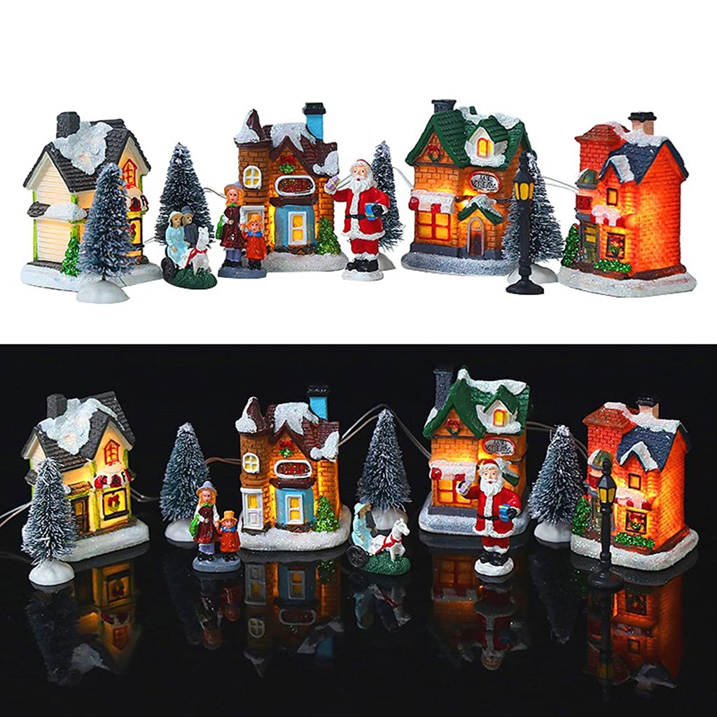 Decoración de Navidad, casa de luz, escena navideña, pueblo, pueblo, con cálida casa de ensueño, regalos para niños
