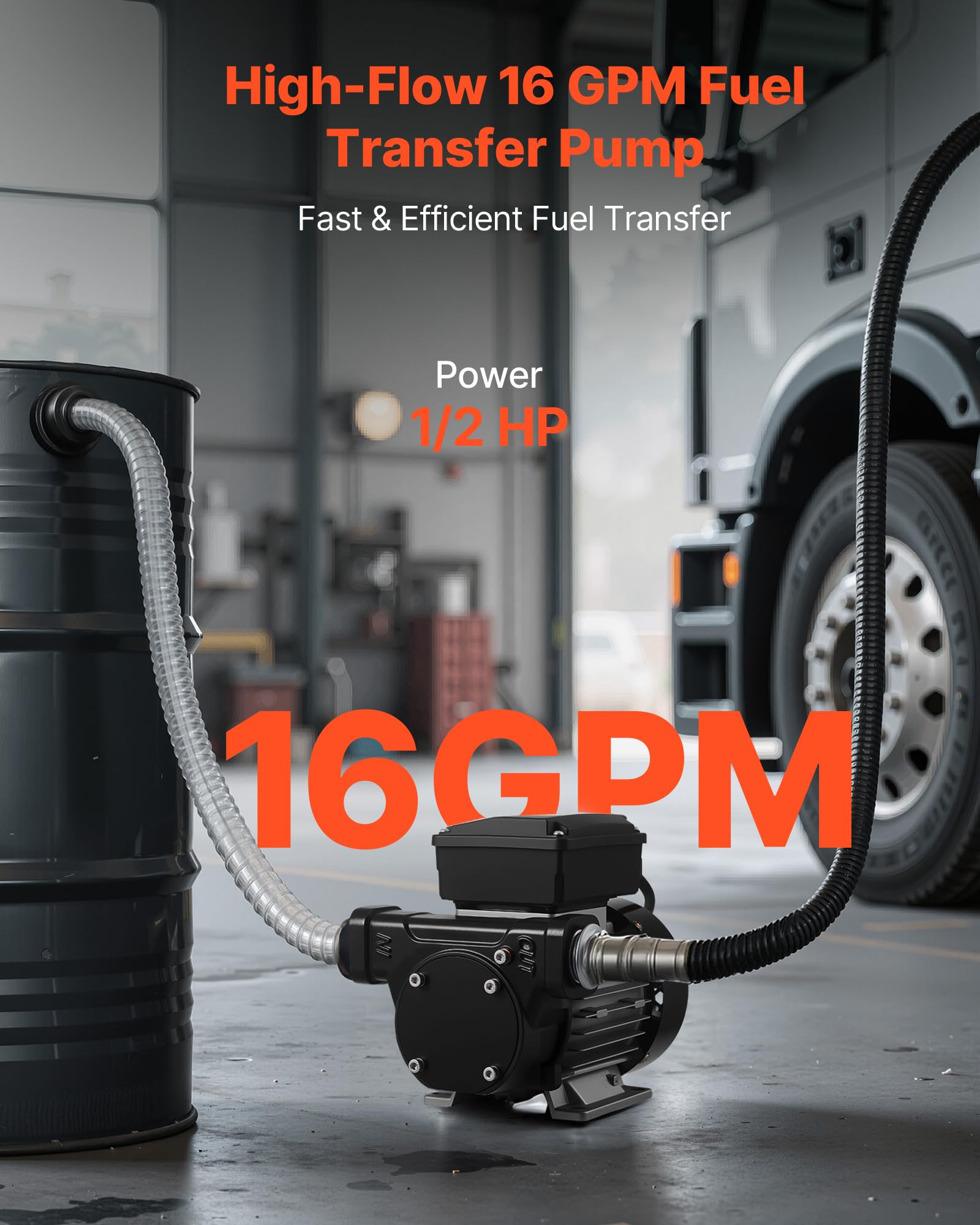 VEVOR Bomba de Transferencia de Combustible, 60 L/min, con Boquilla de Combustible Automática y 2 Mangueras, Elevación Máxima de 13,7 m, para Diésel, Queroseno y Biodiésel para Vehículos