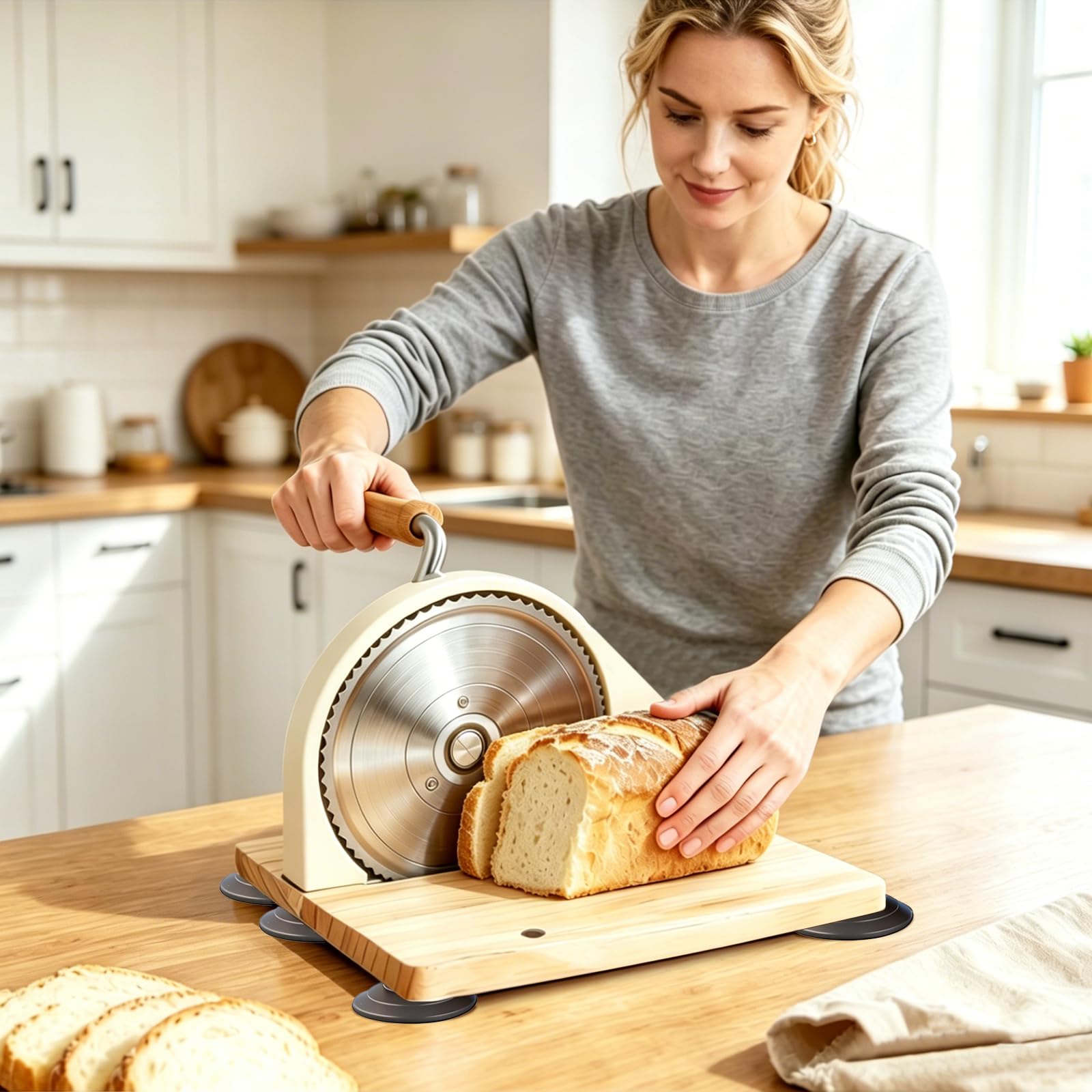 Manuelle Brotschneidemaschine, klappbar Brotmaschine mit Handkurbel, einstellbar 1-20 mm, Edelstahl-Wellenschliffklinge, 6 Saugnäpfe, Massivholz-Basis für Sauerteigbrot