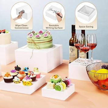 6Pcs Buffet Risers, 3inch/4inch/5inch/6inch/7inch/8inch White Acrylic Display Boxes Dessert Risers Acrylic Food Display Stands with Hollow Bottoms for Cake, Dessert,Jewelry,Weddings