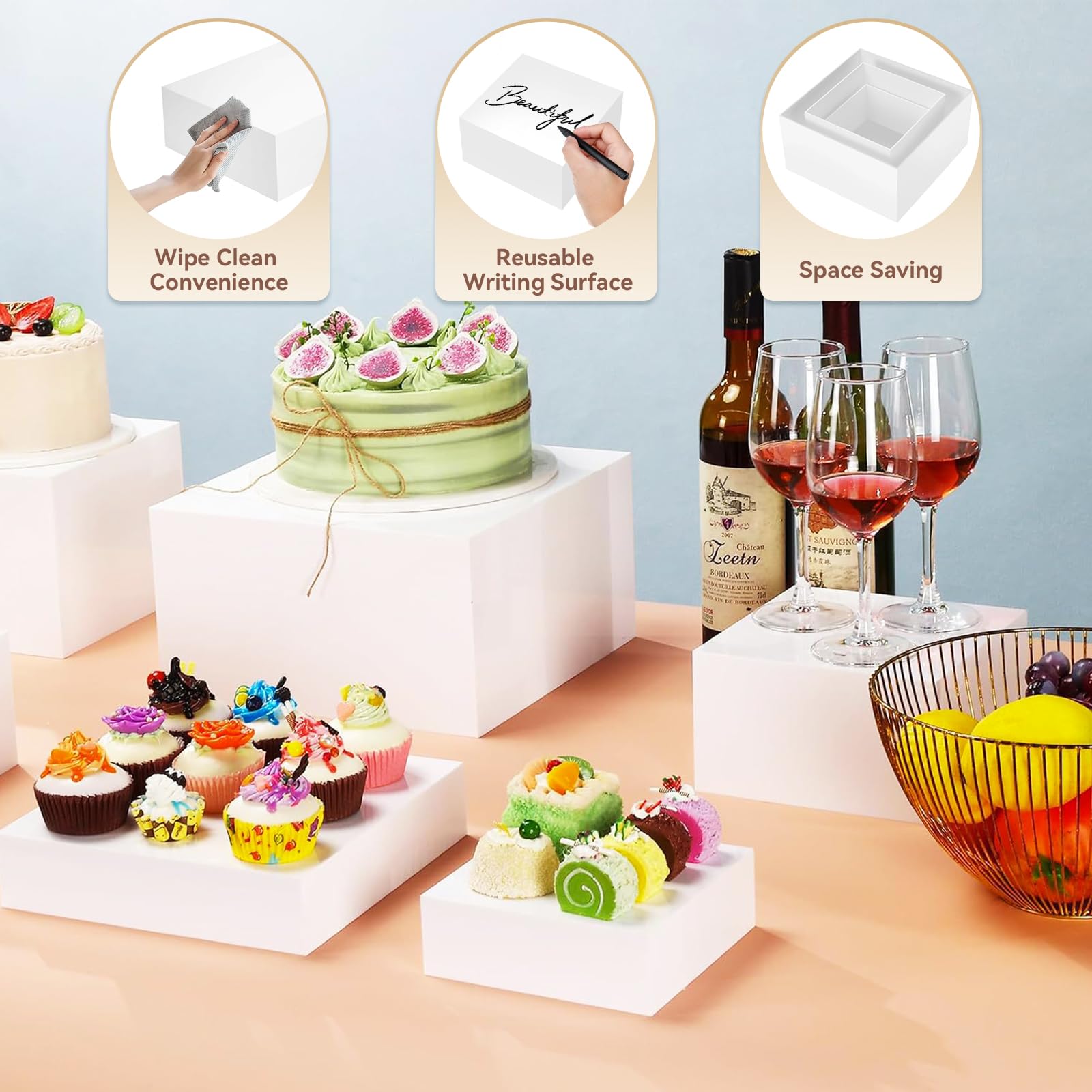 Lot de 6 Présentoirs de Buffet et Apéritif en Acrylique, 3/4/5/6/7/8 Pouces Boxes de Présentation Alimentaire Blanches pour Gâteaux, Desserts, Pâtisseries, Bijoux, Mariages