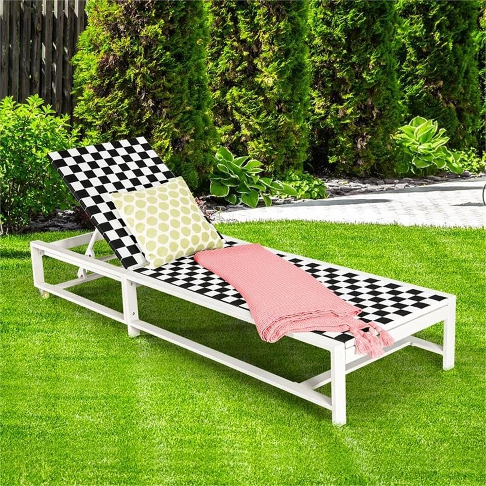 Pemberly Row Adjustable Patio Lounge Chaise, 5-Position Reclining, Metal Frame with Breathable Fabric, Rear Wheels, Black, 80" L x 27" W x 25-35" H, Modern Outdoor Poolside or Garden Lounger