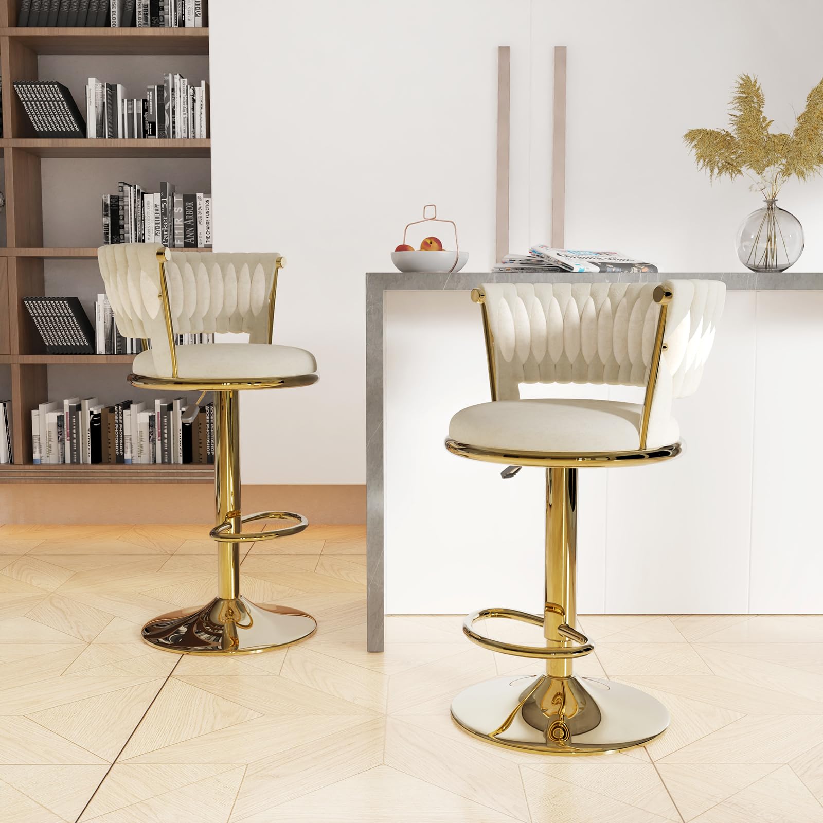 Estilo Real Taburetes de Bar Elegante Silla de Bar de Terciopelo Taburete para mostrador Elevable Taburete de Cocina Giratorio para Cocina, Bar, mostrador, Bar en casa, Dorado