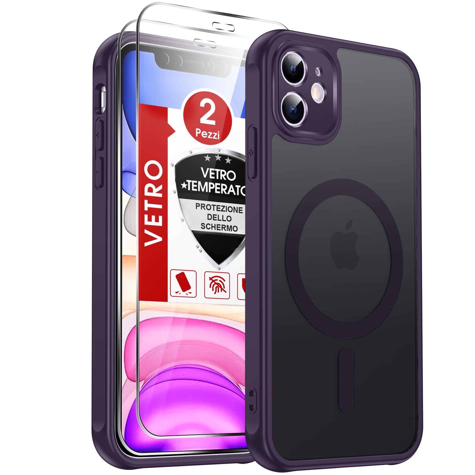 LeYi Cover Magnetica per iPhone 11 con 2 Pezzi Vetro Temperato, Custodia per iPhone 11 Traslucida Opaca Anti-Impronte Resistente ai Graffi Paraurti in TPU Antiurto Protettiva Case, Viola