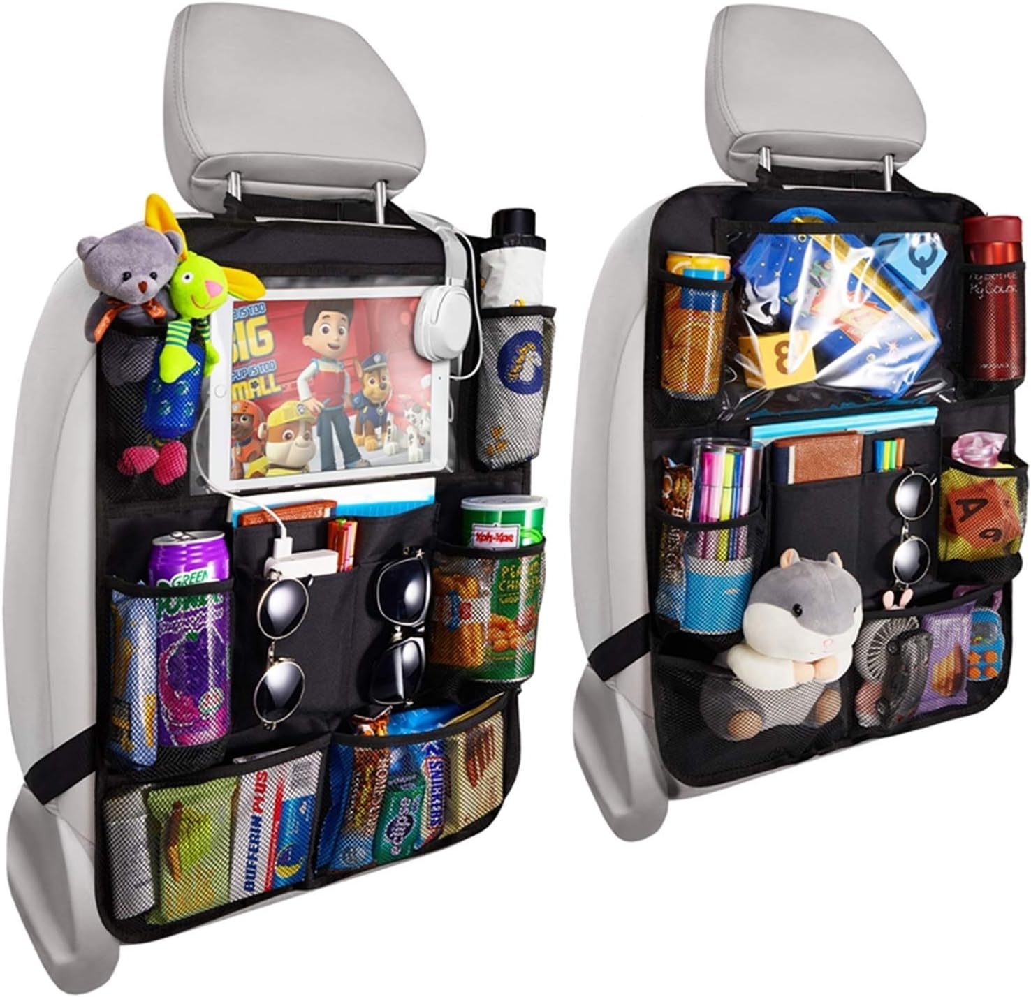 Backseat Car Organizer Kick Mats BackSeat Storage Bag with Clear Screen Tablet Holder and 9 Storage Pockets Seat Back Protectors for Toys Drinks Books Car seat back pocket Storage bag