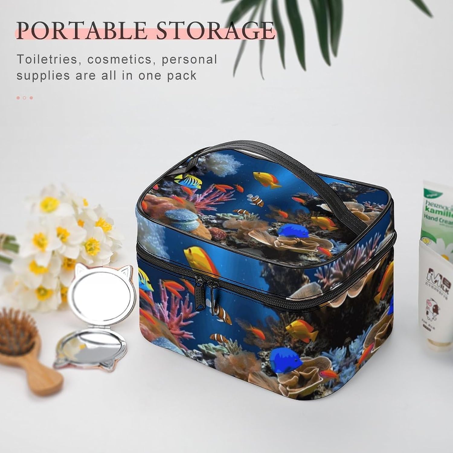 Travel Makeup Bag Portable Large Cosmetic Bag with Handle And Compartment image 5