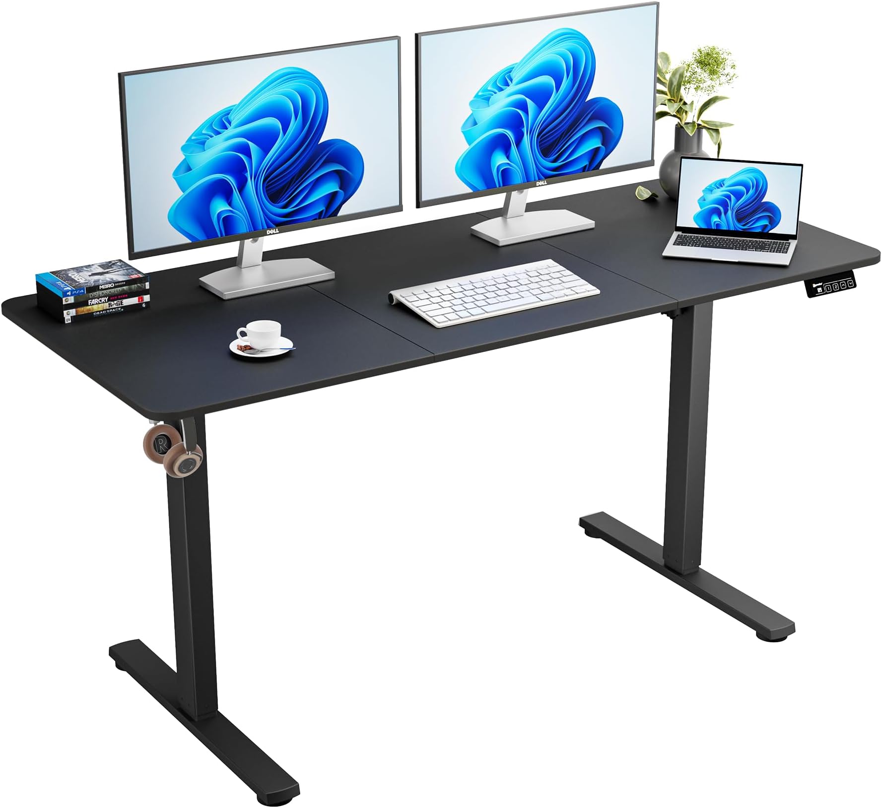 Electric Standing Desk, 55" x 23.6" Height Adjustable Sit Stand Desk with Splice Board for Home Office, Computer Table Memory Preset (Black Frame, Black Desktop)