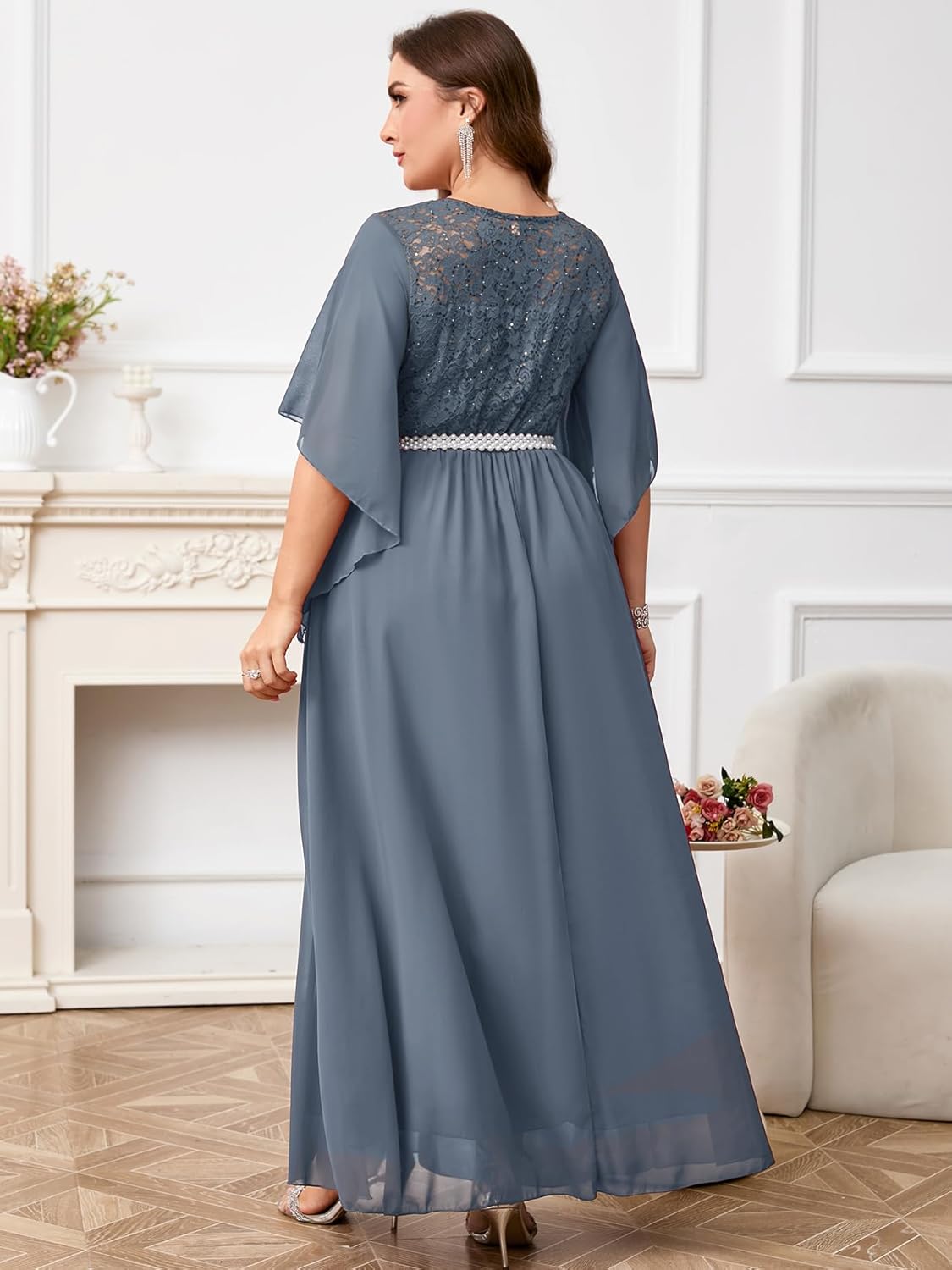 ZOMVA Plus Size 0X-4X Formal Dress Sequin Lace Chiffon A-line Maxi Dress Handkerchief Sleeve Evening Wedding Guest Prom Gown - Image 3