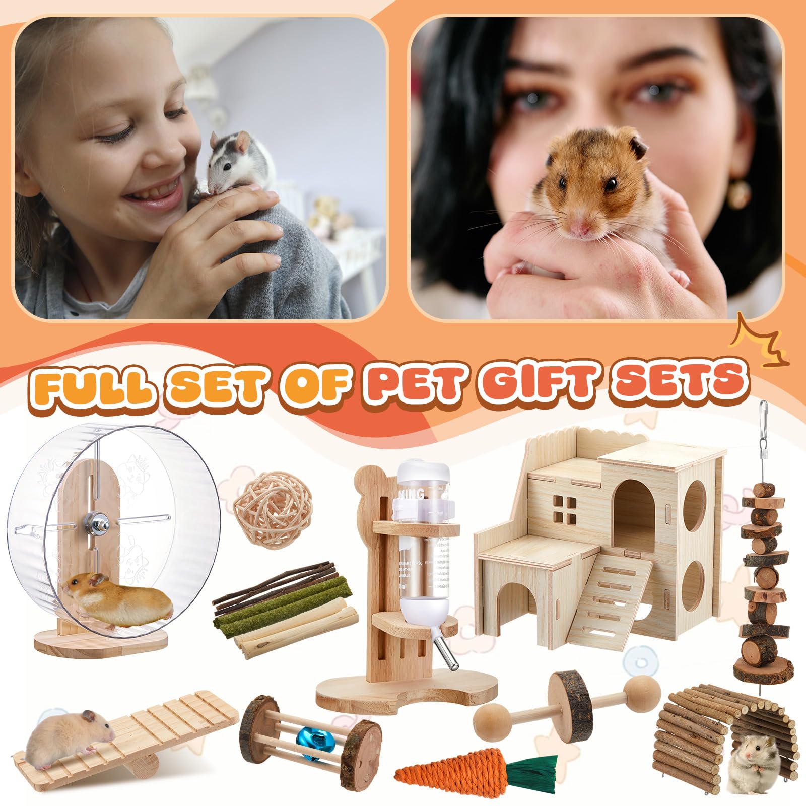 Sonwyoung 18 Pcs Hamster Cage Accessories, Silent Hamster Wheel, 15 Chew Toys Set, Maze Wood House and Water Bottle Set for Rat Mice Small Animals Habitat (Fun Interactive Style) - image 6