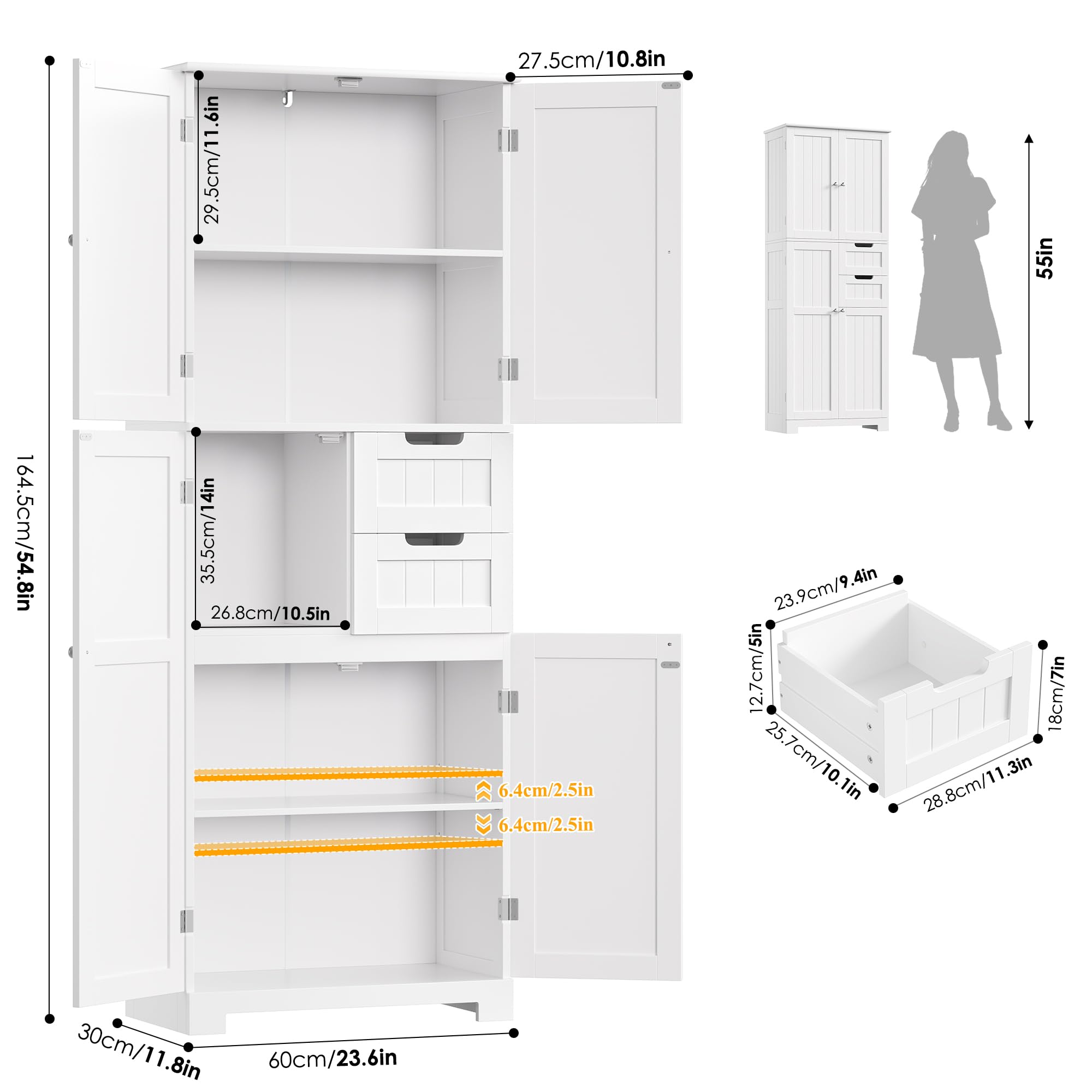 HOCSOK Mobile Alto de Bagno, Armadietto da Pavimento per Bagno, Armadietto Ausiliario con 2 Cassetti e 4 Ante, Adatto per Corridoio, Camera da Letto, Soggiorno, Legno, 60 x 30 x 164.5 cm, Bianco