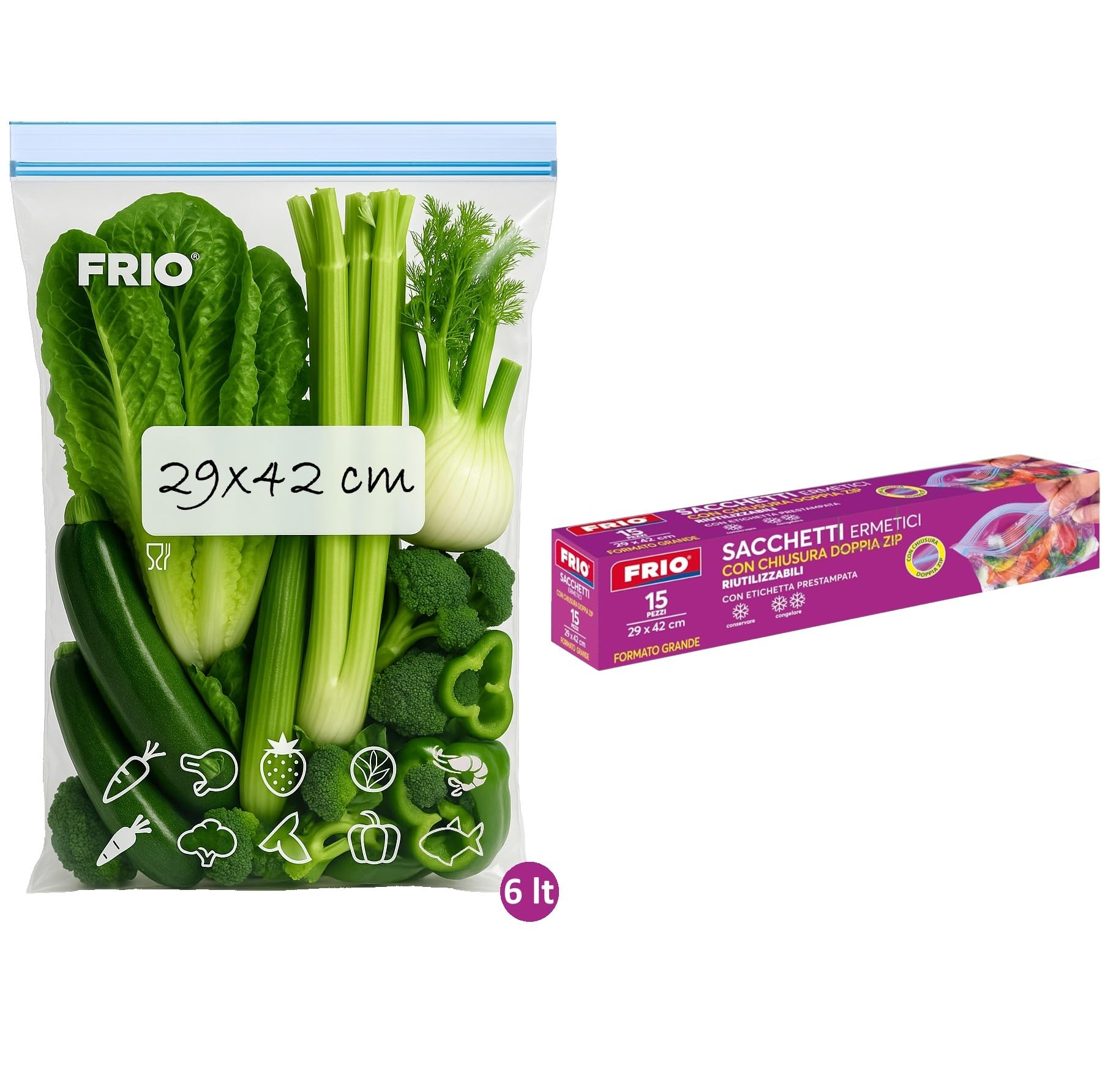 FRIO – 15 bolsas grandes para congelar 6L (Talla L: 29x42 cm), reutilizables con cierre hermético – Bolsas alimentarias con etiqueta, sin BPA