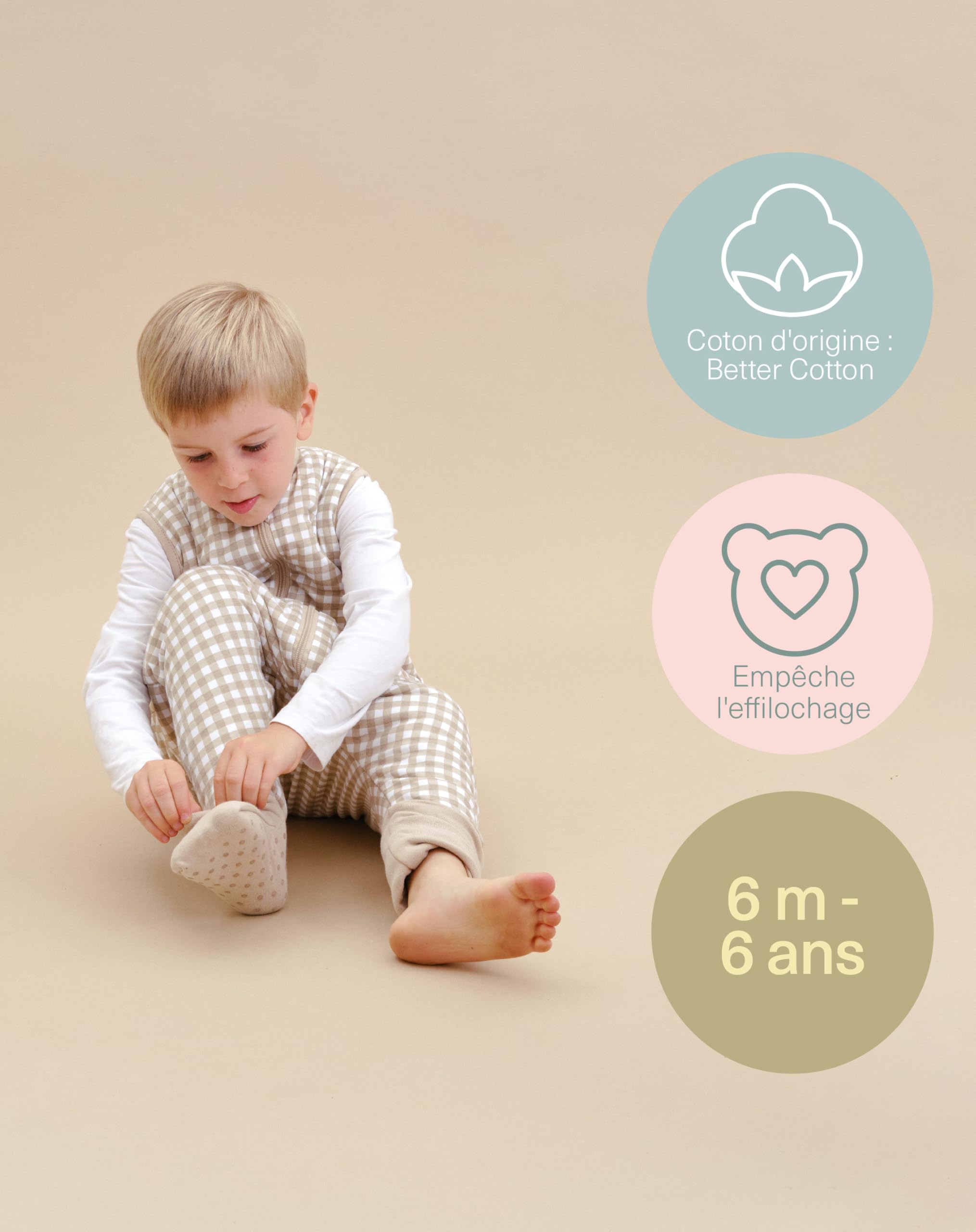 molis&co - Gigoteuse pour bébé avec Pieds et Chaussette - Gigoteuse Tog 2.5 - Turbulette Hiver pour Bébé, Fille Garçon - 100% Coton (certifiée Oeko-TEX) - Vichy Beige (2 Ans)