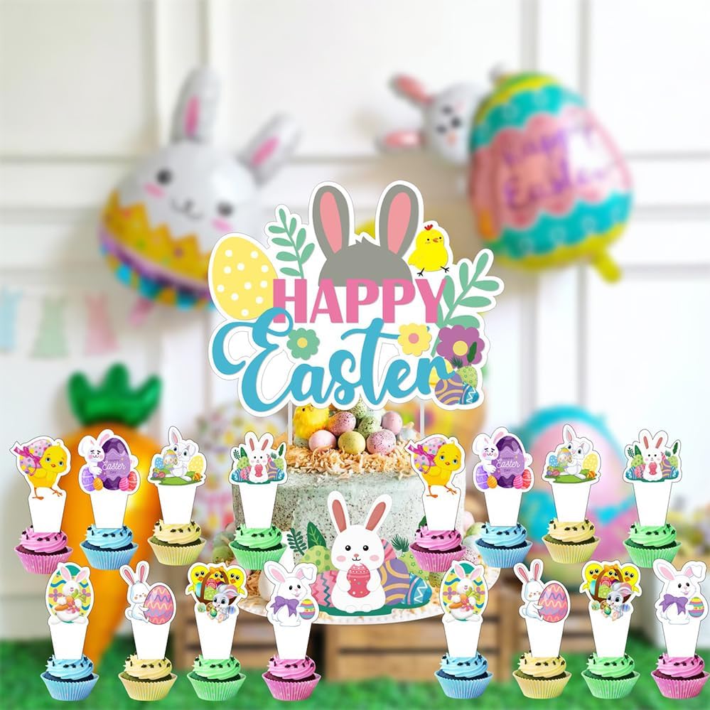 25pcs Easter Cake Decorations Includes 1pcs Cake Topper and 24pcs Cupcake Toppers for Kids Easter Party Supplies